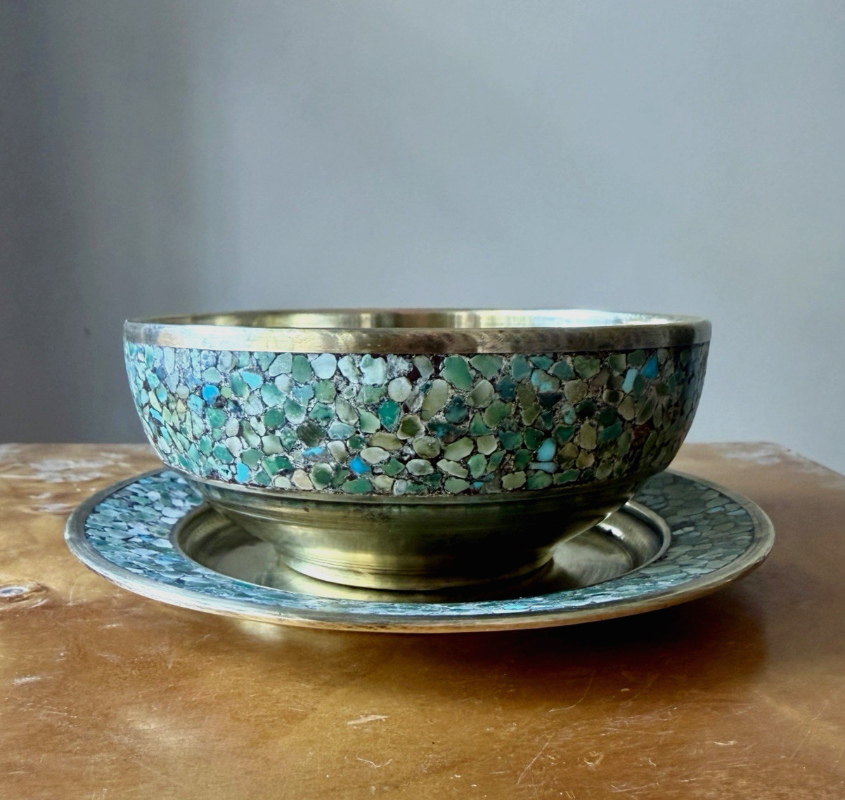 Old Persian Middle Eastern Brass Bowl & Plate w/Mosaic Firoozeh Forouzeh Koobi