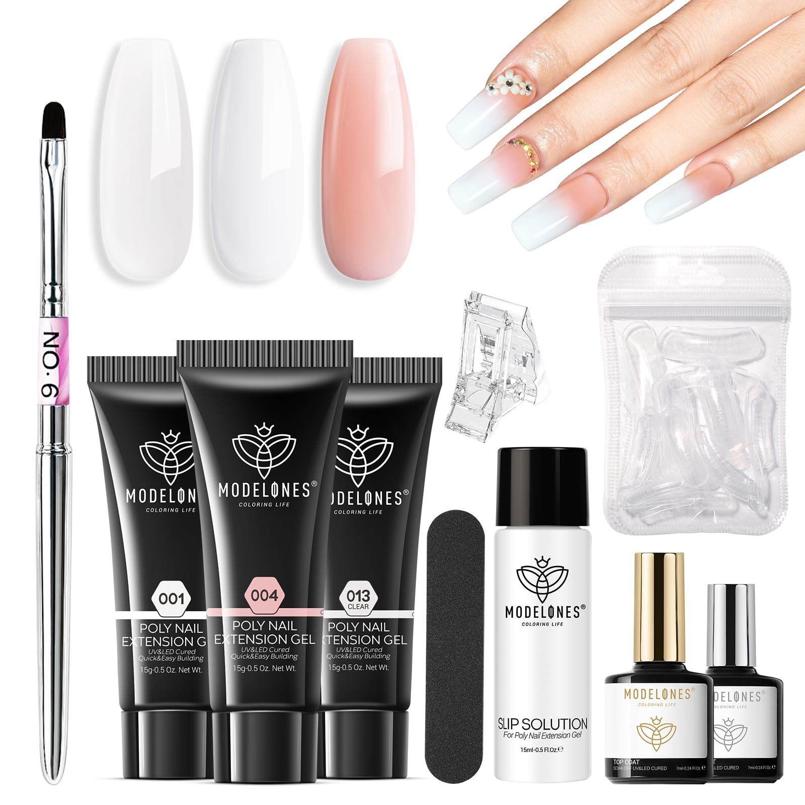 Modelones Poly Gel Nail Kit 3 Colors Clear White Apricot with Slip Solution D...