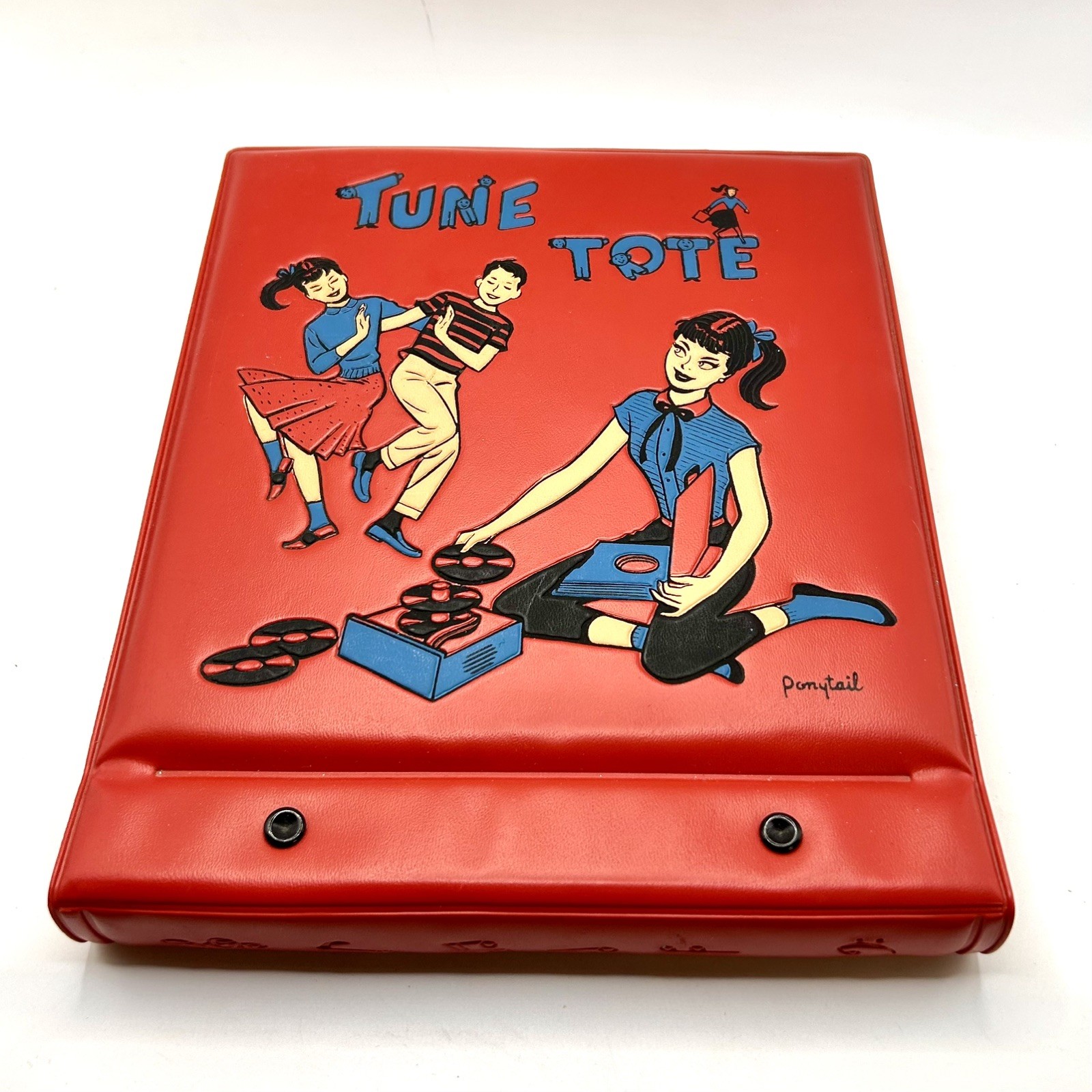 Vtg 1950s Ponytail TUNE TOTE Red Vinyl 45 RPM Record Case Lot w/ 10 Vintage 45s