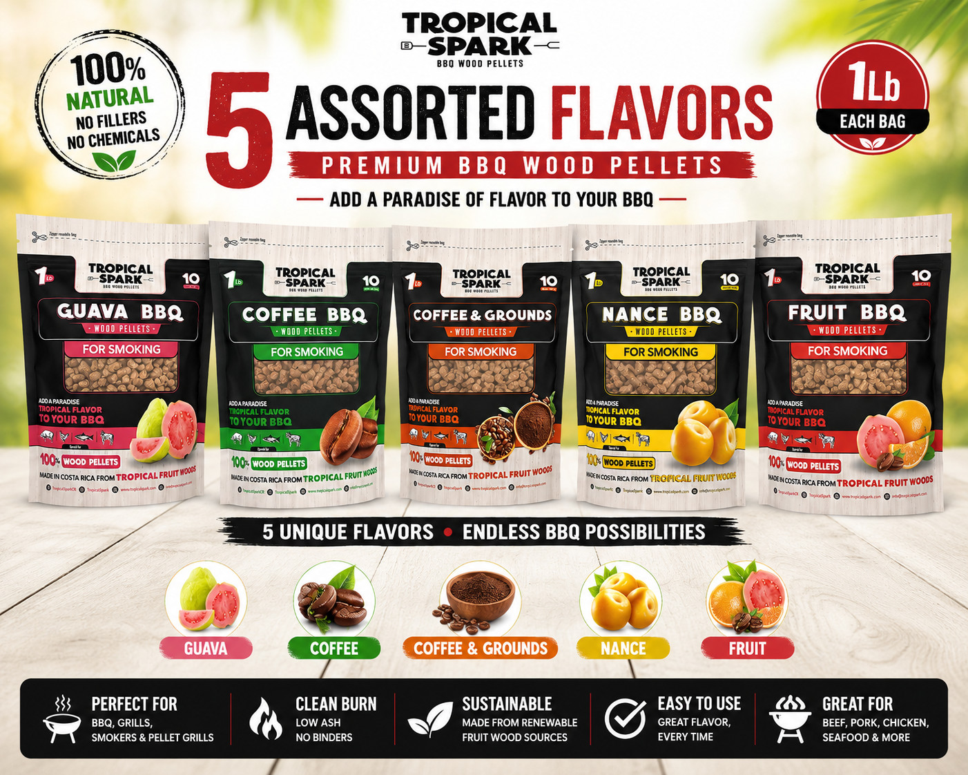 Tropical Spark BBQ Wood Pellets 5 Assorted Flavor Pack 1lb Each Costa Rica NEW