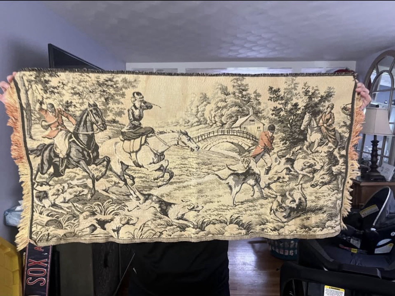 Antique Wall Tapestry English Boar Hunting Scene Horses Hound Dogs 48 Antique Wall Tapestry English Boar Hunting Scene Horses Hound Dogs 48