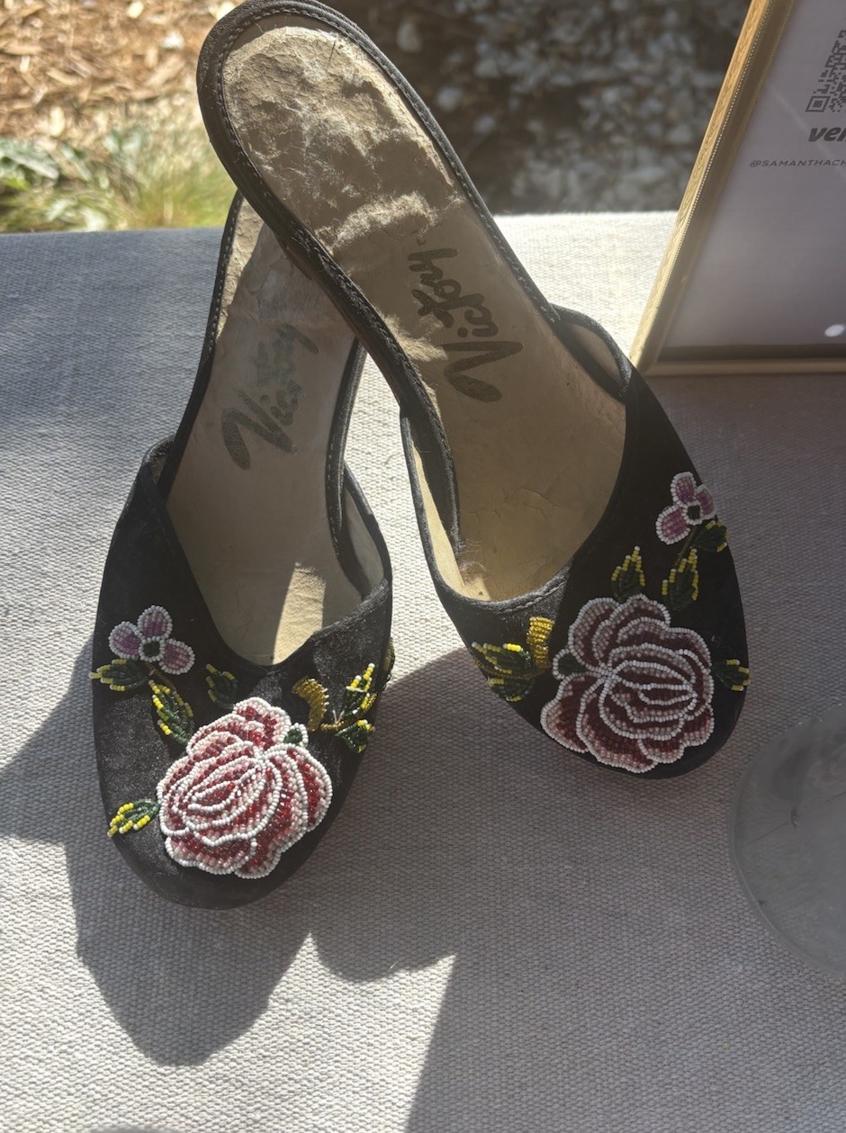 Vintage 1930’s Women’s Black Slip-On Mule Heels US 6 Beaded Embroidered Floral