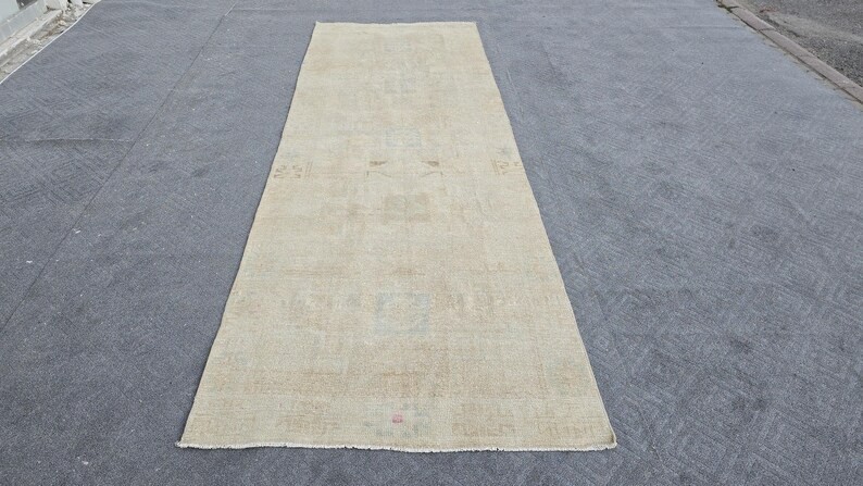 4x11 Vintage Turkish Oushak Runner Hand Knotted Wool Cream Green Neutral