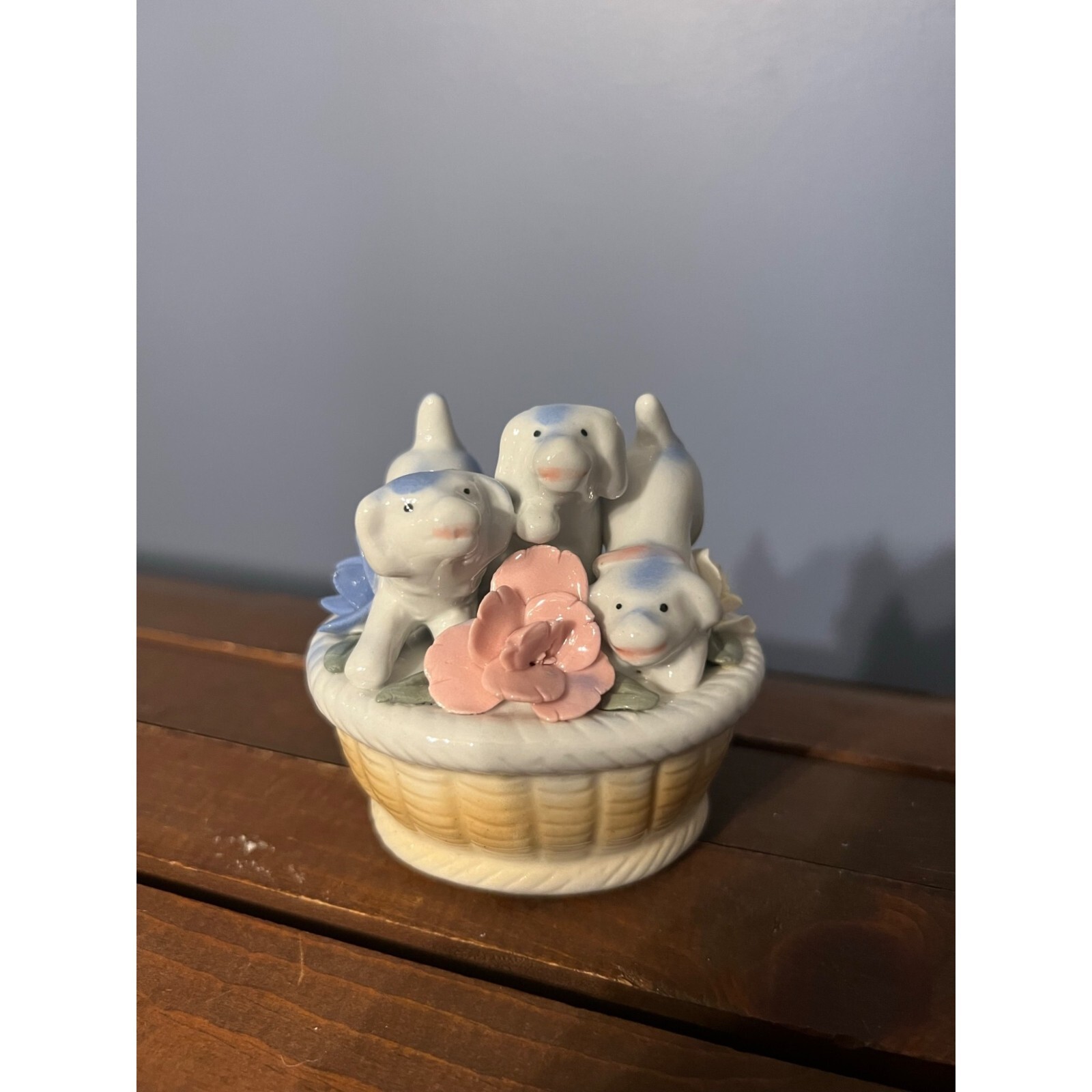 Vintage Porcelain Figurine 3 Blue & White Puppies In Basket With Flowers 3 Vintage Porcelain Figurine 3 Blue & White Puppies In Basket With Flowers 3