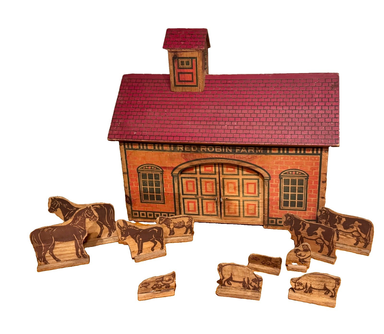 rare antique 1890s Converse Red Robin Farm vintage barn Wood with animals toy rare antique 1890s Converse Red Robin Farm vintage barn Wood with animals toy