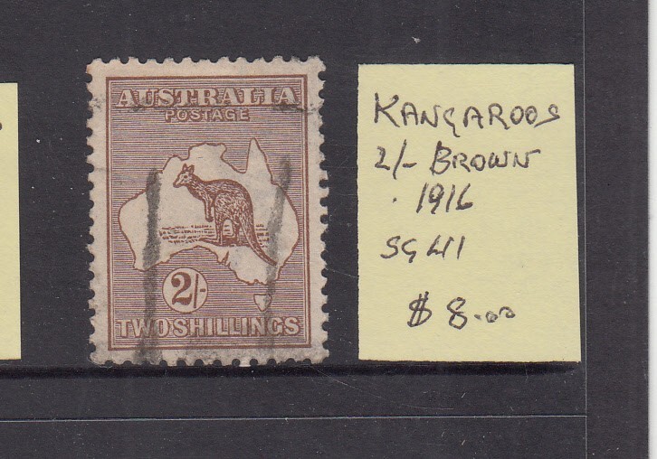1916 Kangaroos 3rd Watermark 2/- Brown SG41 fine used. Going Cheap 1916 Kangaroos 3rd Watermark 2/- Brown SG41 fine used. Going Cheap