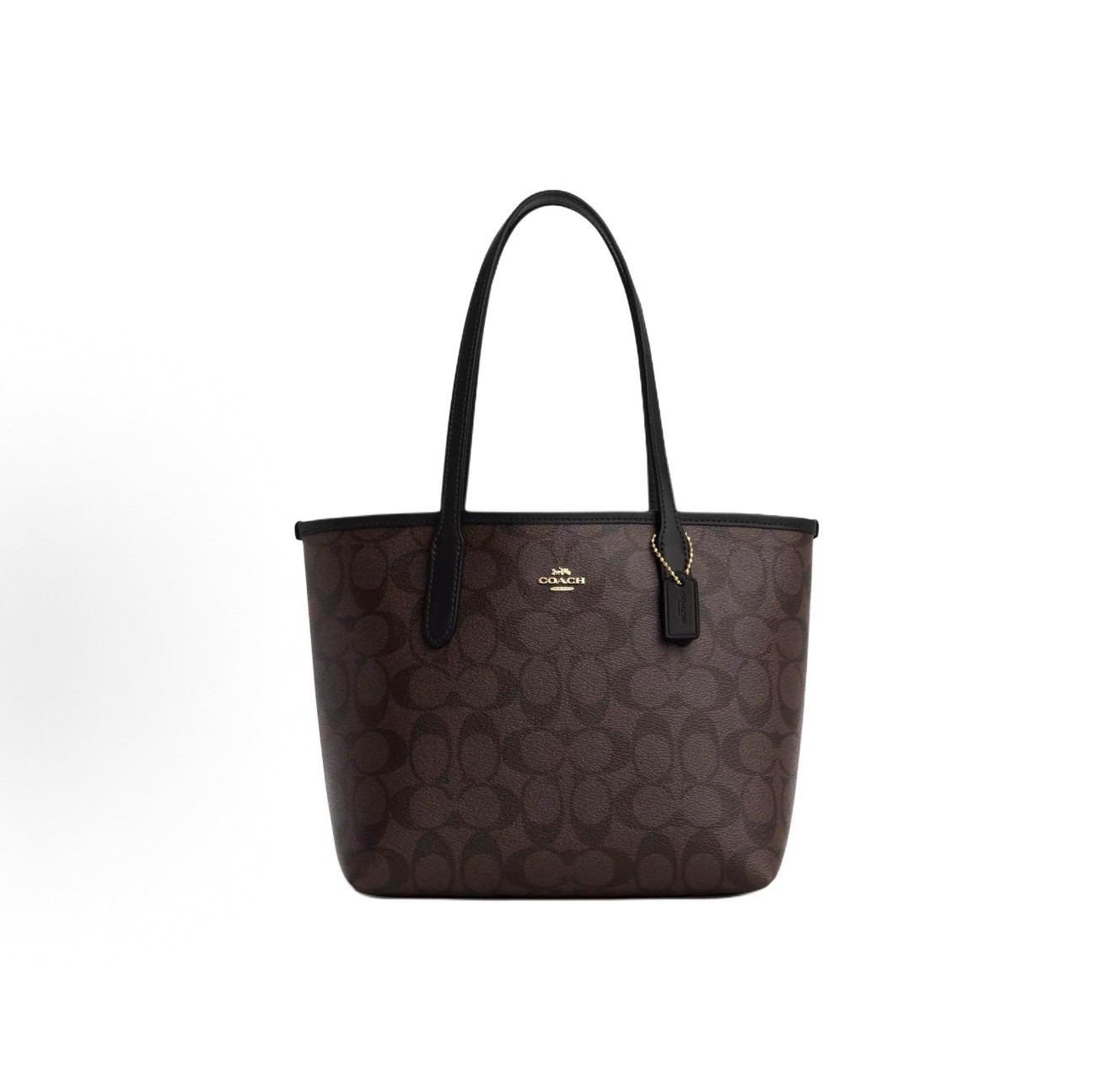 NWT COACH CU759 Small Tote Signature Coated Canvas Black Brown New 