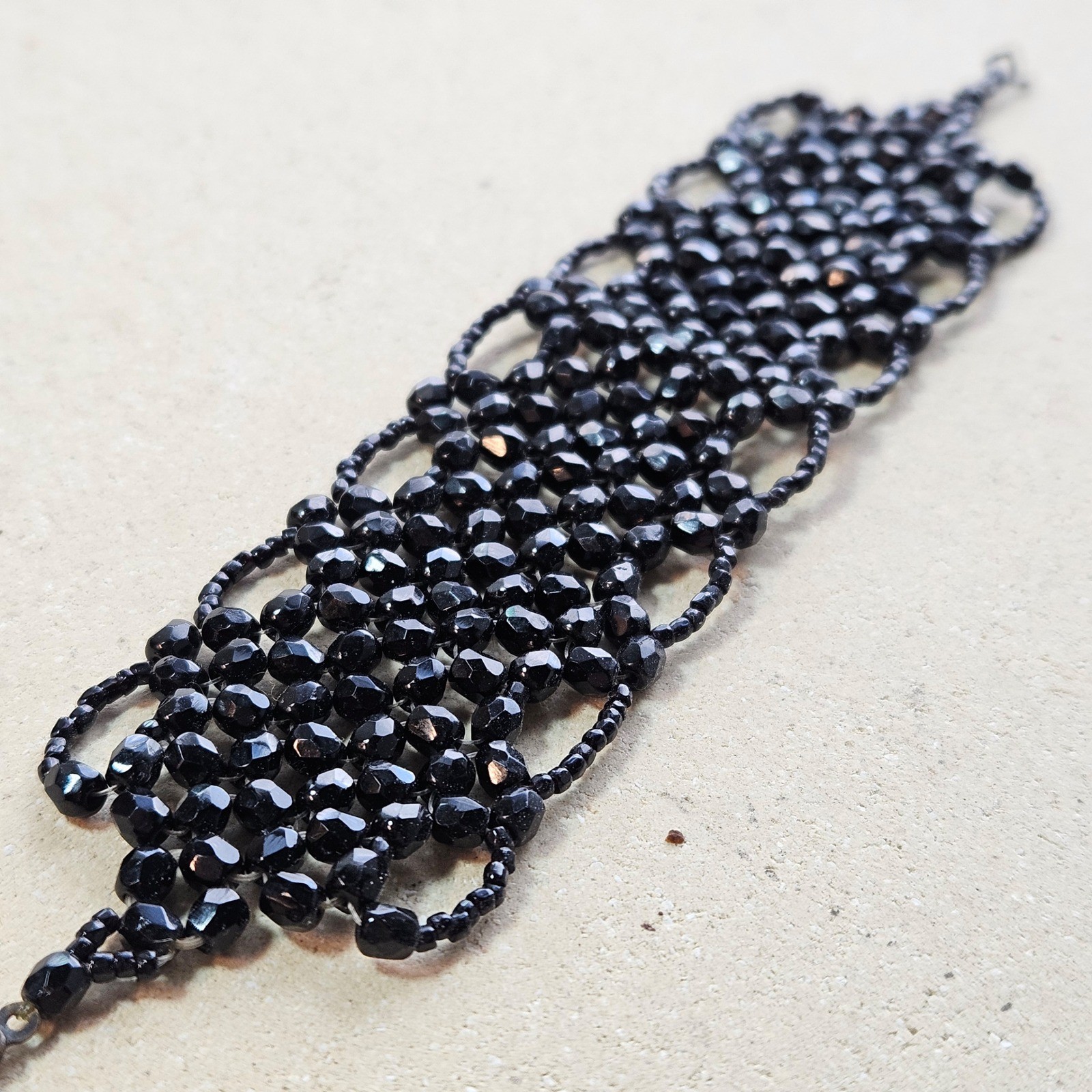 Antique Victorain Black Faceted Jet Beaded Wide Cuff Bracelet Fold Over Clasp