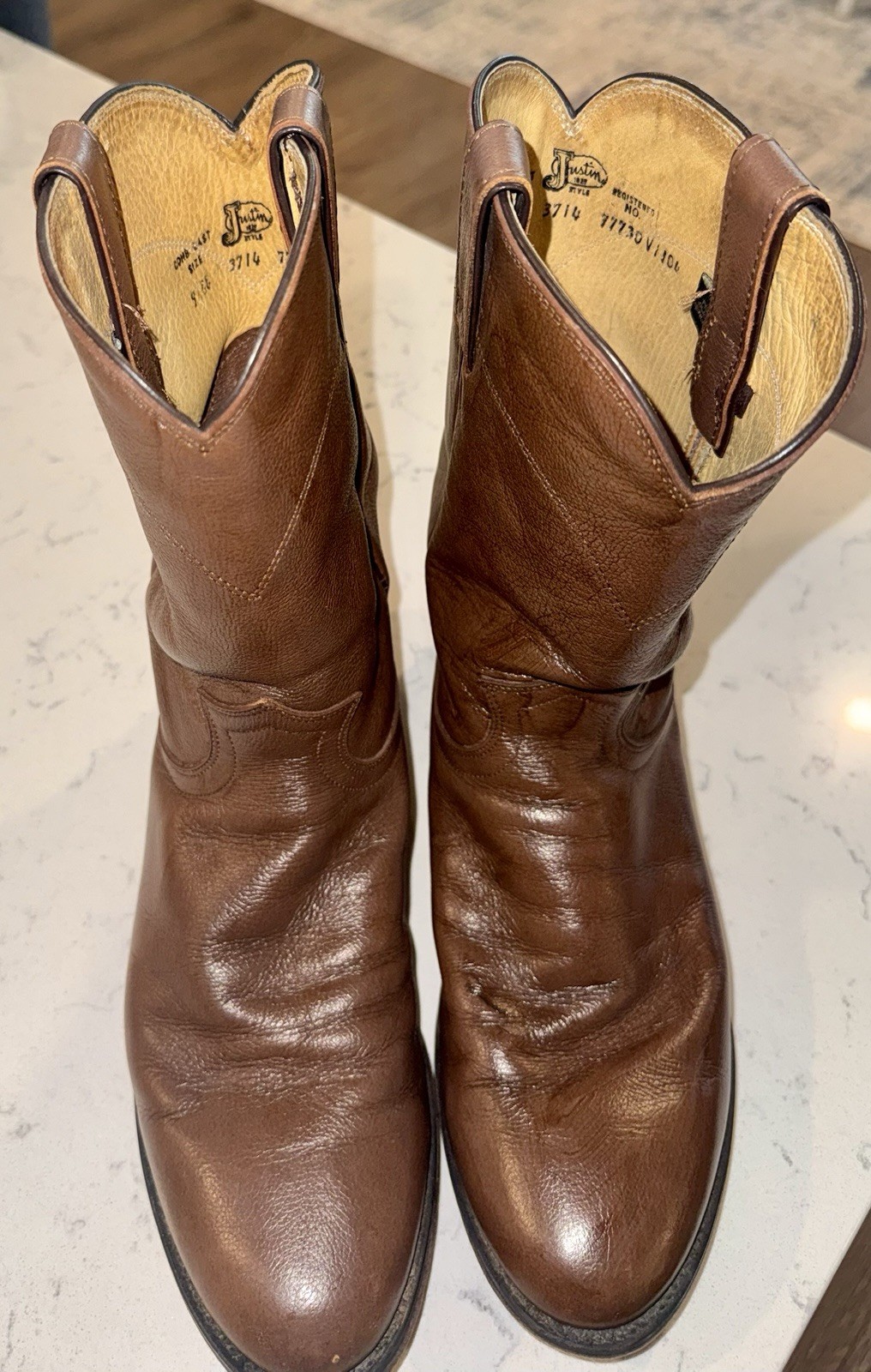 Justin Boots Roper 3174 men\'s brown leather Western boots with a pull-onSize9EE Justin Boots Roper 3174 men\'s brown leather Western boots with a pull-onSize9EE