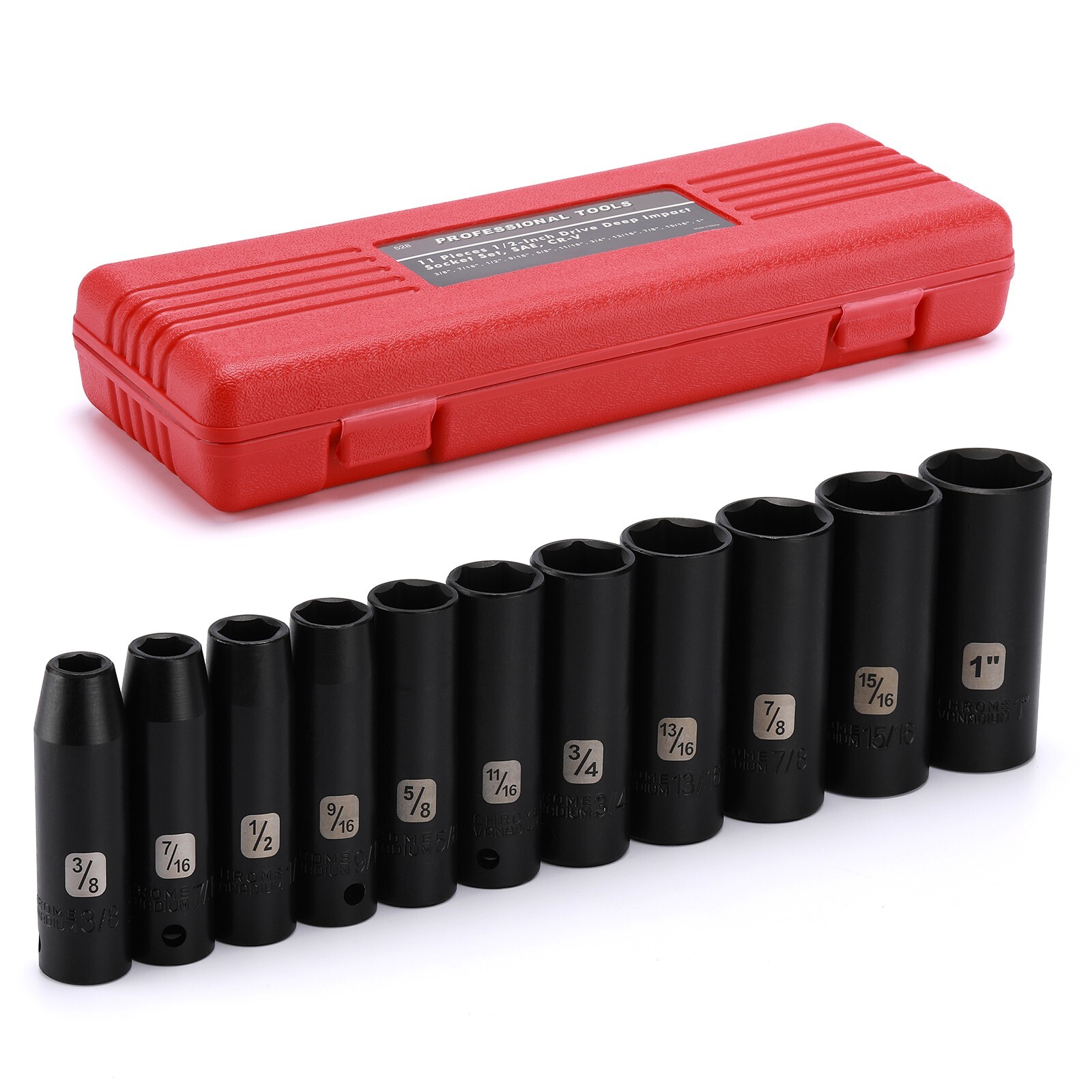 11 Pieces 1/2-Inch Drive Deep SAE Impact Socket Set, 6-Point, 3/8-Inch to 1-Inch 11 Pieces 1/2-Inch Drive Deep SAE Impact Socket Set, 6-Point, 3/8-Inch to 1-Inch