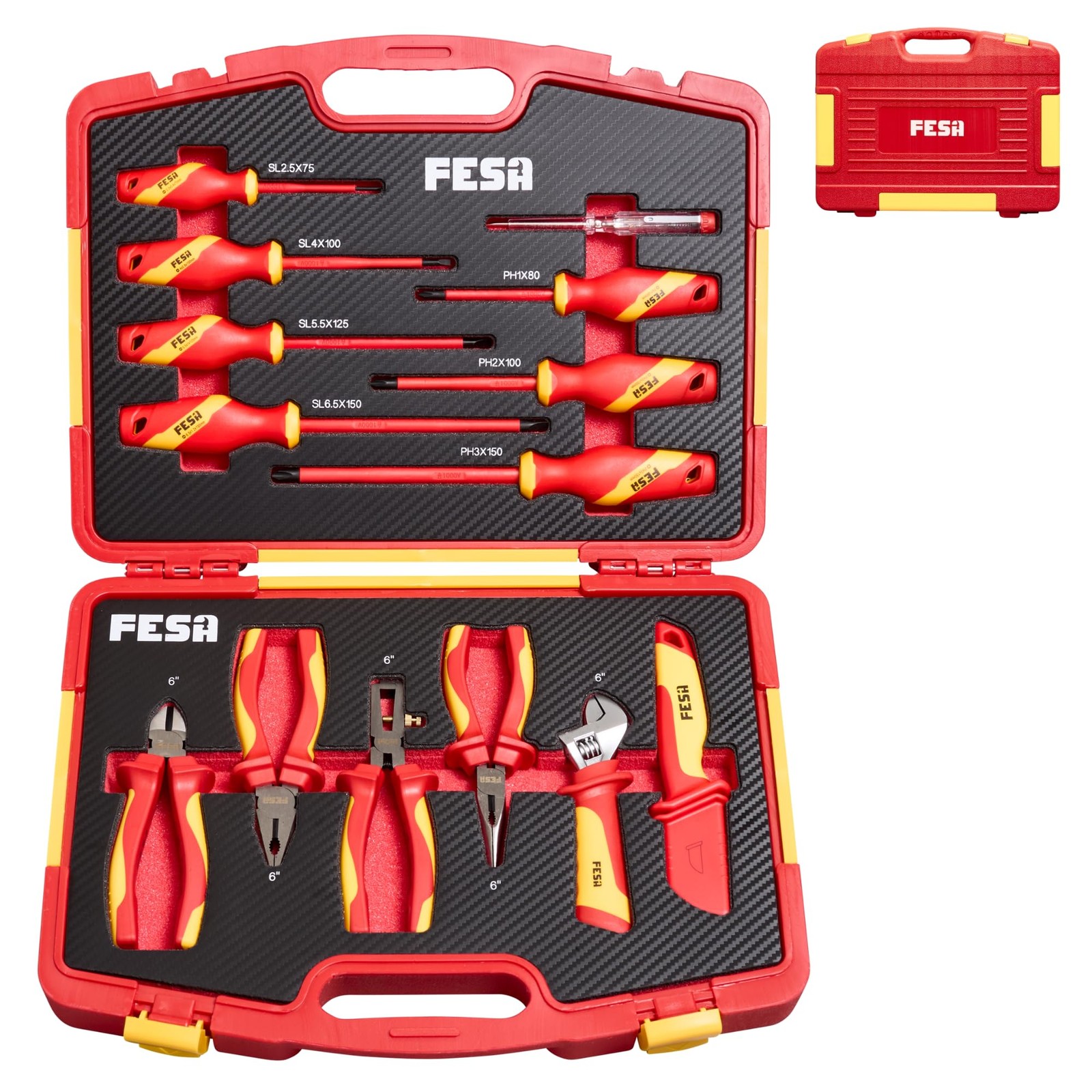 FESA 14PC 1000V Insulated Electrician Tool Set Pliers Screwdrivers VDE Case
