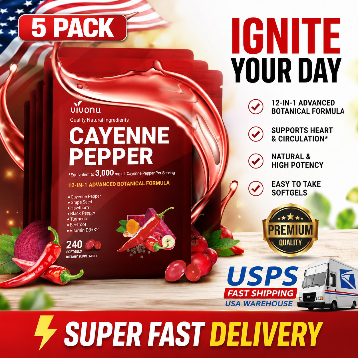 5/3X Cayenne Pepper Softgels for Leg Vein & Circulation Support ,Vascular Health