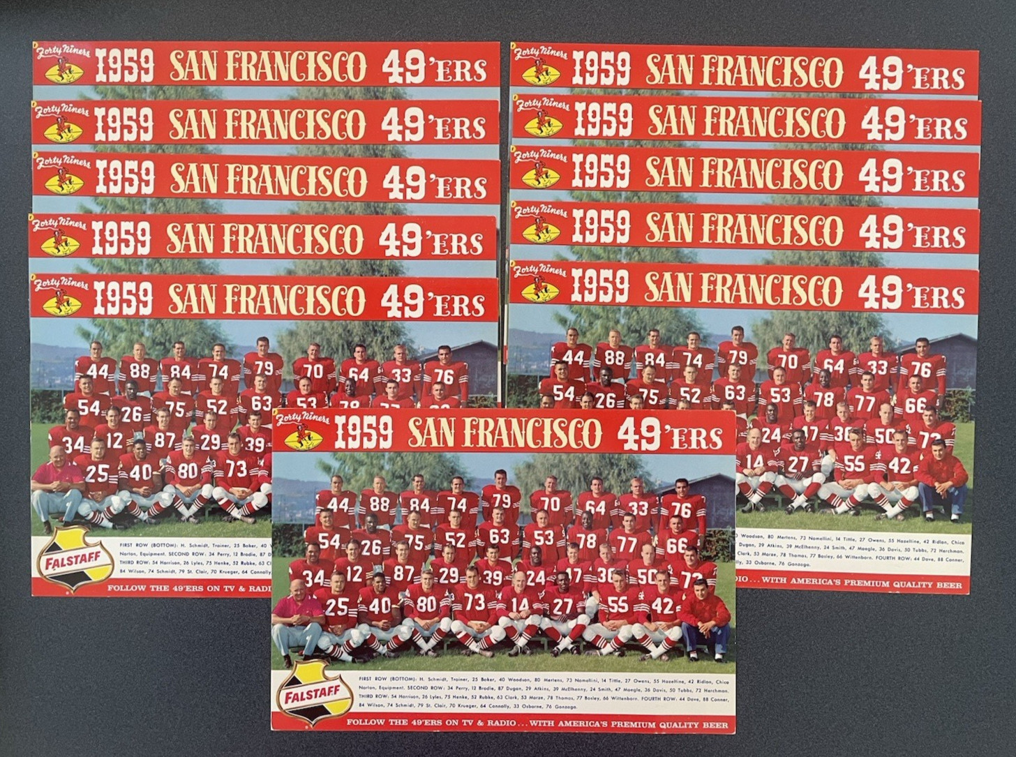 1959 SF 49ers VINTAGE Falstaff Beer Team Photo Card 6x9 - Eleven (11) count lot