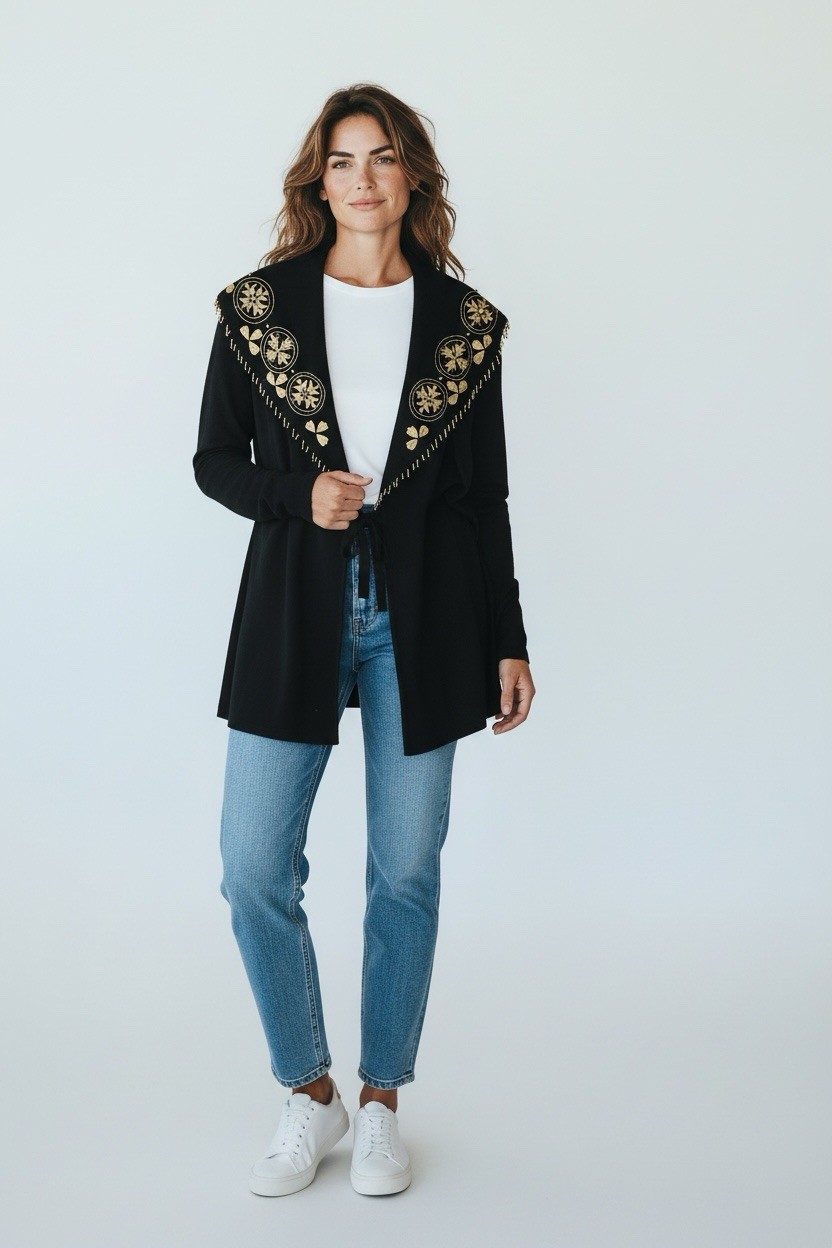 CAROLE LITTLE II Vtg Black cardigan Sz 2X Embroidery Beads Fringed sweater Coat CAROLE LITTLE II Vtg Black cardigan Sz 2X Embroidery Beads Fringed sweater Coat