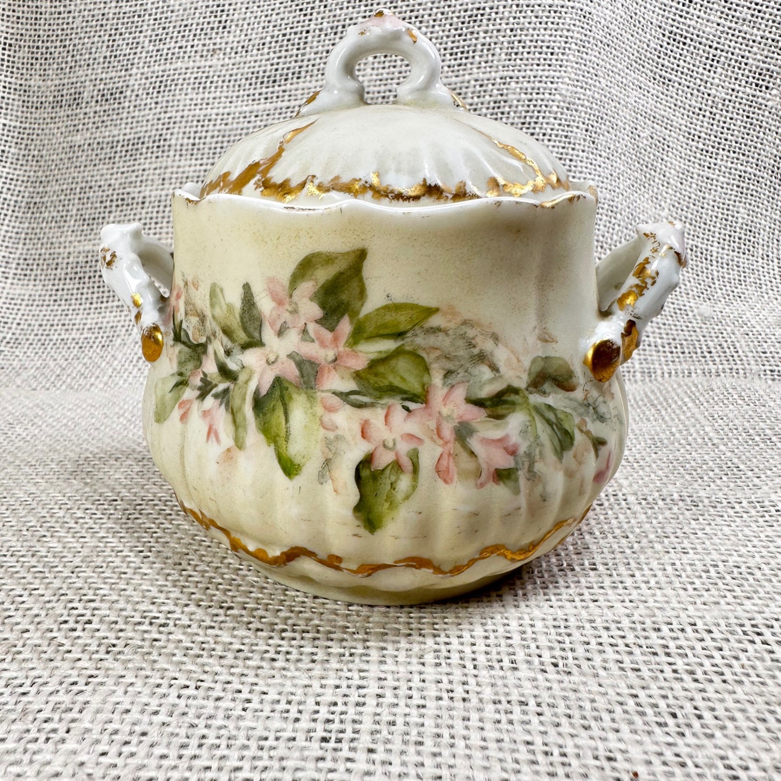Antique MTR France Hand Painted Floral Porcelain Sugar Bowl Gold Gilt Antique MTR France Hand Painted Floral Porcelain Sugar Bowl Gold Gilt