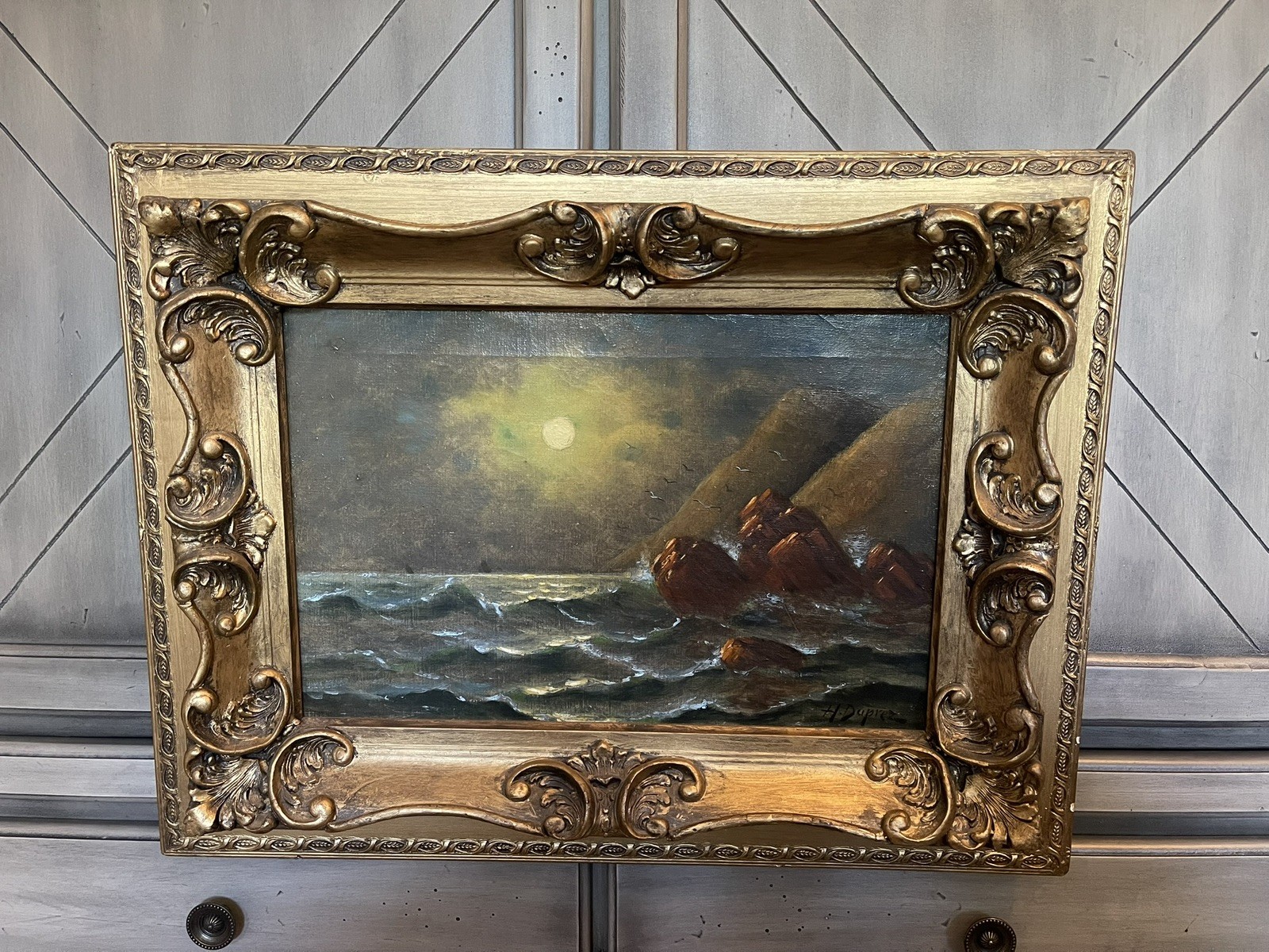 Antique 19thC Oil Painting On Canvas - Nocturne Seascape - H Duprez Antique 19thC Oil Painting On Canvas - Nocturne Seascape - H Duprez