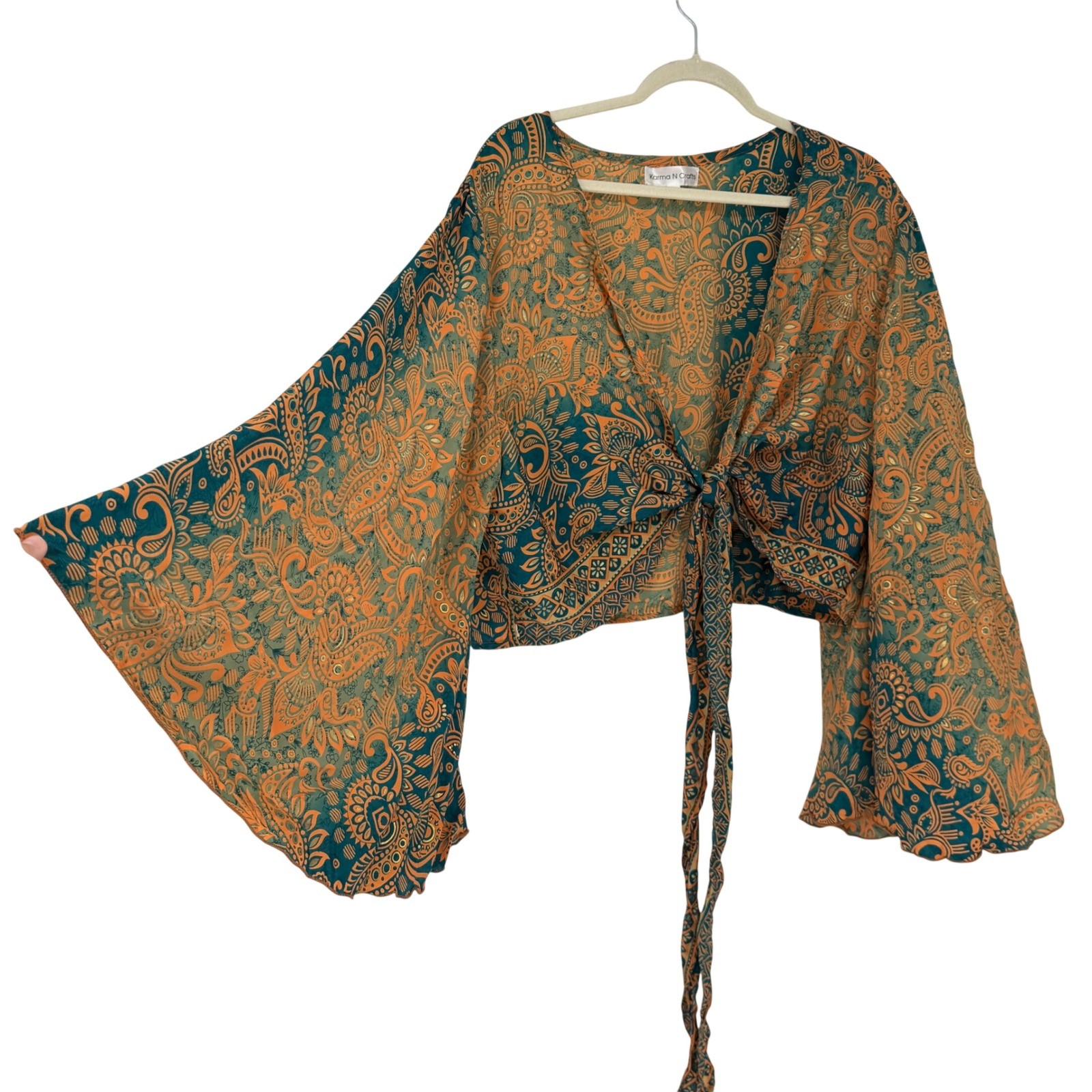 Karma N Crafts 100% Silk Wrap Top Plus Size Teal Orange Paisley Bell Sleeve Boho