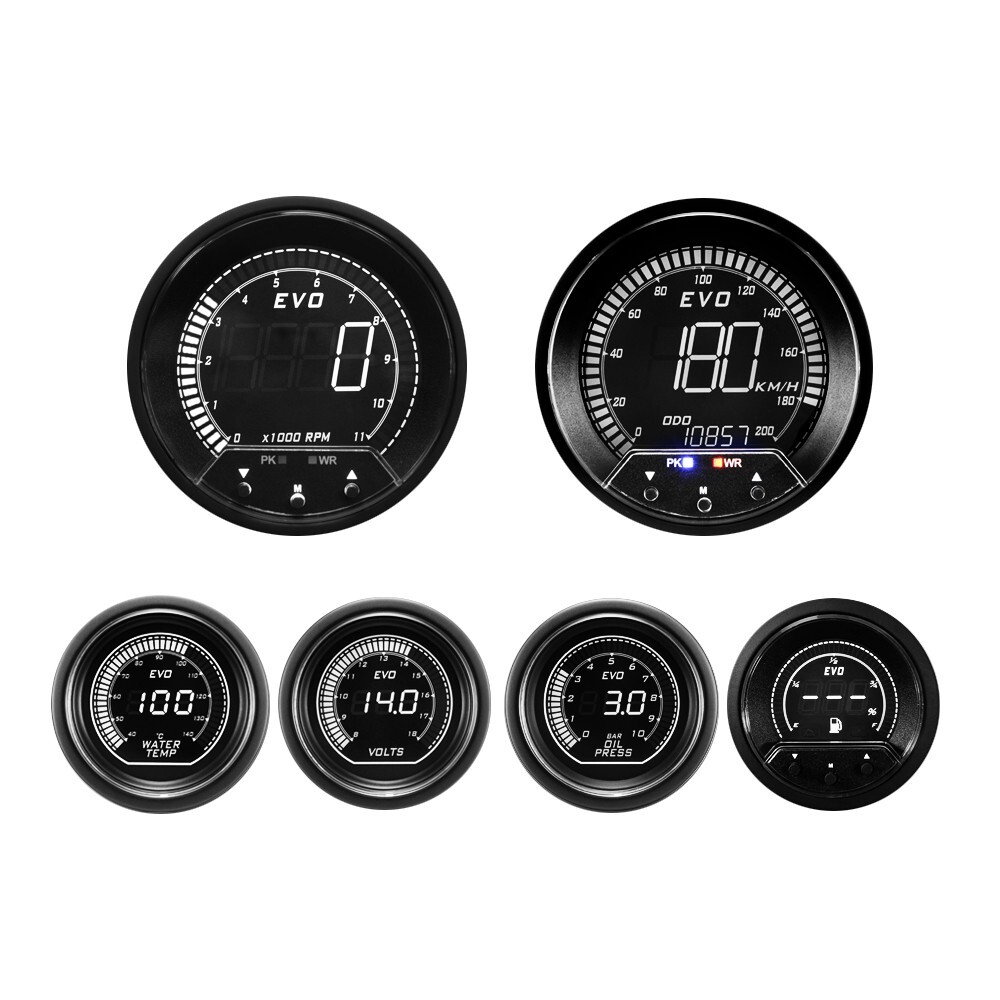 EVO Digital 6 Gauge Set GPS Speedometer White & Green LCD KMH °C BAR 85mm & 52mm EVO Digital 6 Gauge Set GPS Speedometer White & Green LCD KMH °C BAR 85mm & 52mm