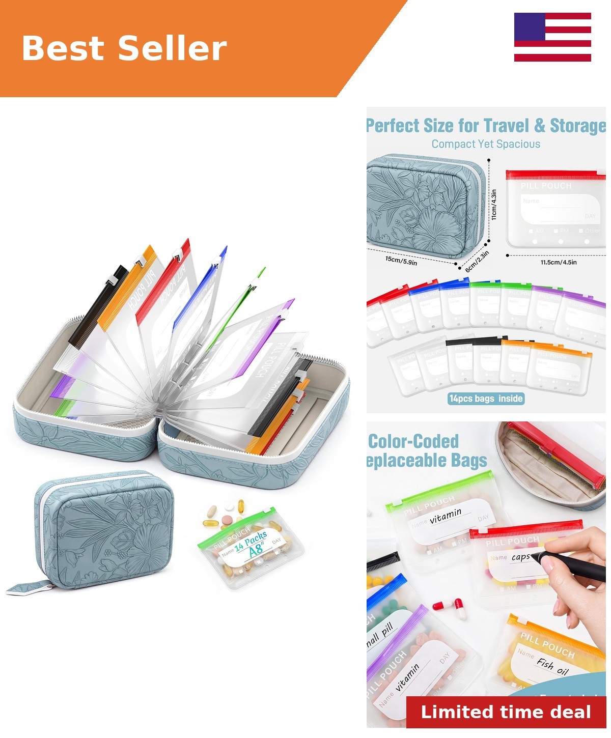 A8 Waterproof Pill Pouch Set, Travel Pill Organizer with 14 Color Pouches
