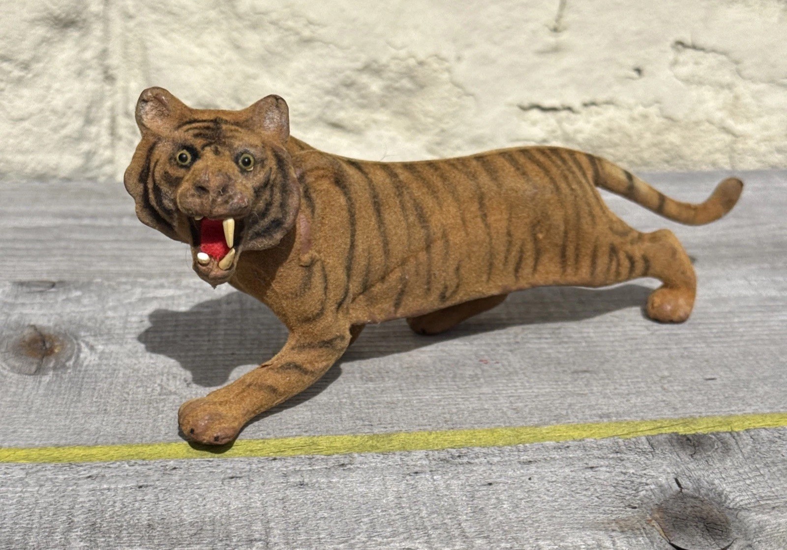 Vintage Flocked Roaring Tiger Figurine – Plastic Eyes & Open Mouth 8”
