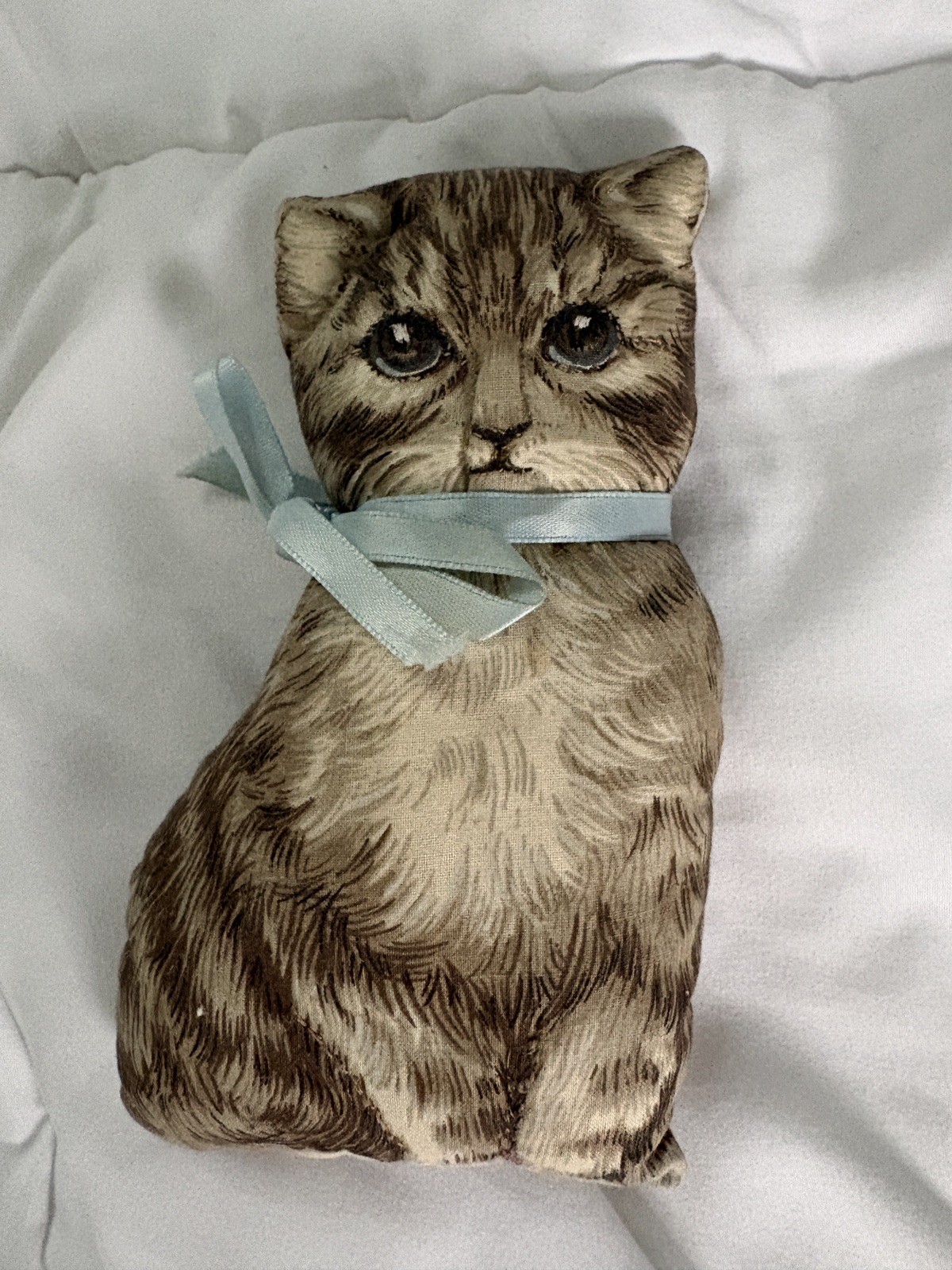 Vintage 6 Inch Cat Shaped Pillow Plush Tabby Cat With Blue Bow Granny Chic