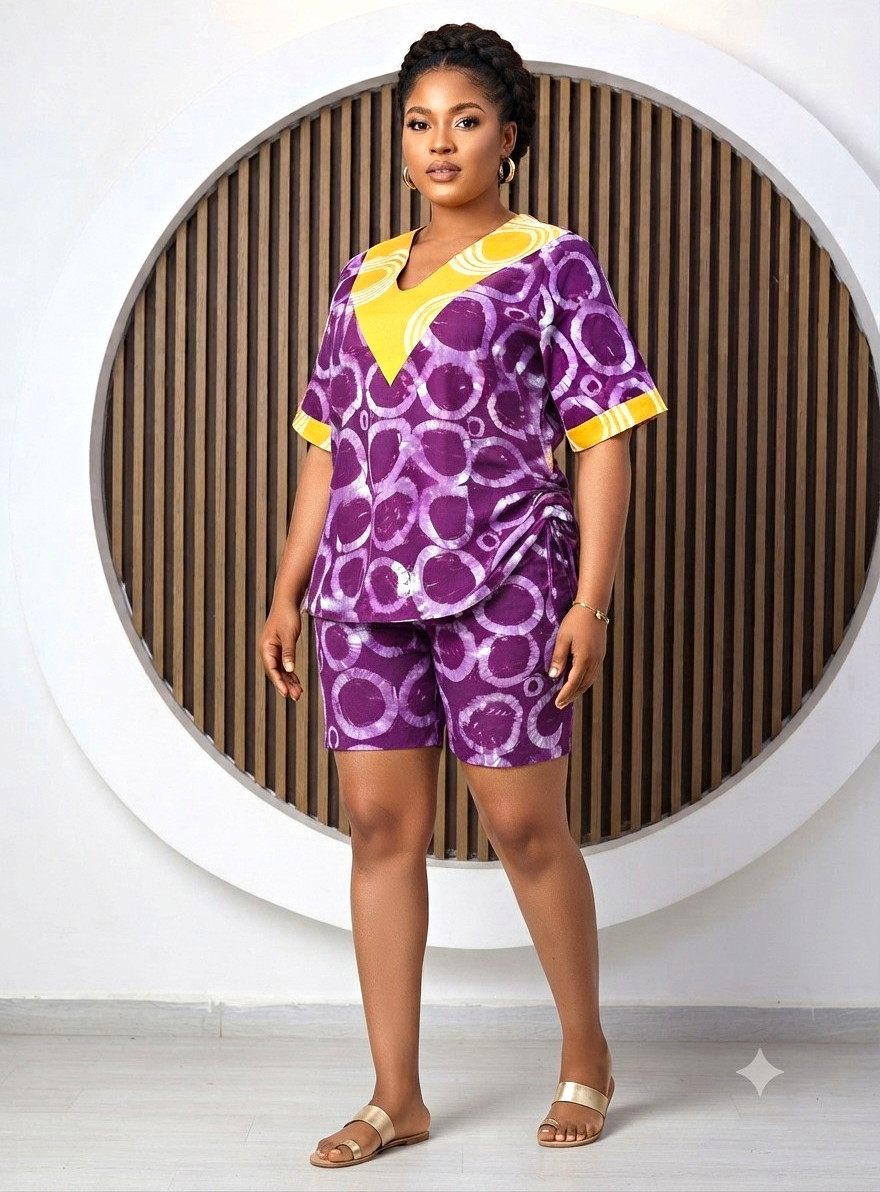 Women\'s 2-Piece Cotton Ankara Outfit Set Geometric V-Neck Top & Shorts Women\'s 2-Piece Cotton Ankara Outfit Set Geometric V-Neck Top & Shorts