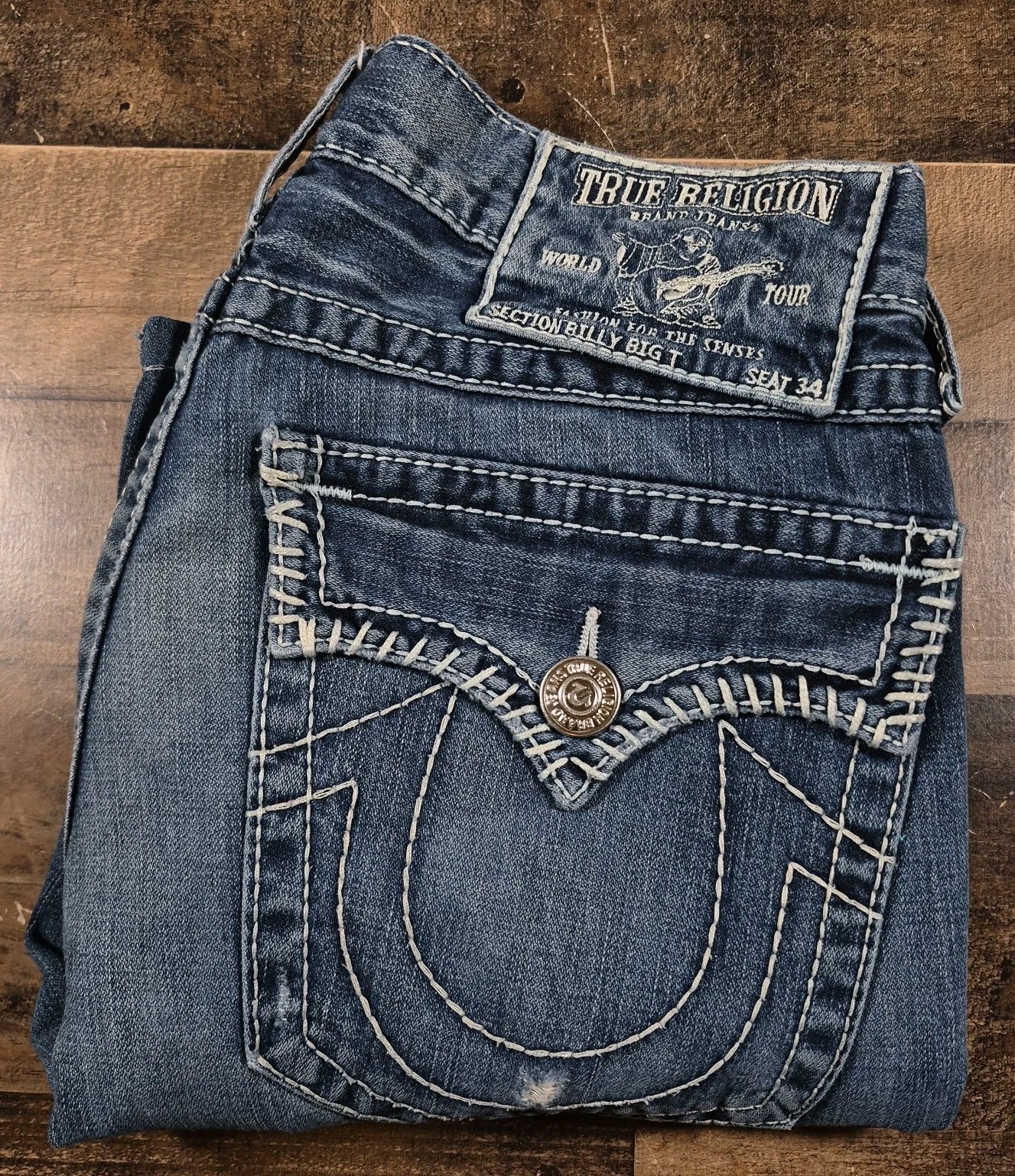 True Religion Jeans Men 33x29 (32W) Blue Denim Big Billy T Flap Pockets USA Made True Religion Jeans Men 33x29 (32W) Blue Denim Big Billy T Flap Pockets USA Made