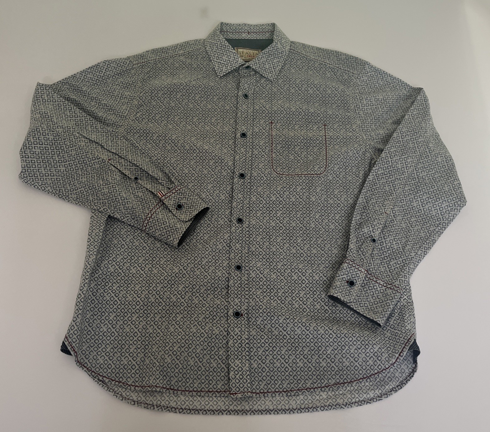 Vintage Italia c.1958 Shirt Mens L Blue Geometric Pattern Button Up Long Sleeve Vintage Italia c.1958 Shirt Mens L Blue Geometric Pattern Button Up Long Sleeve