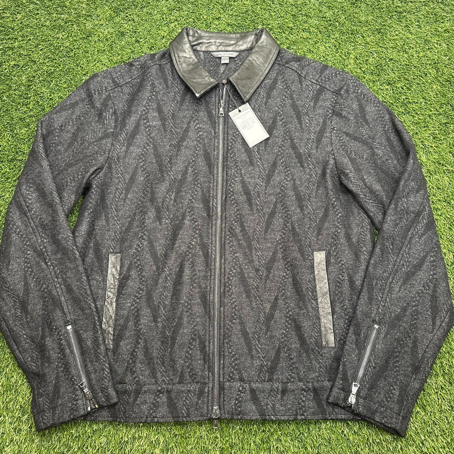 NWT John Varvatos Bergen Wool Jacket Mens Large L Black Gray Leather Collar