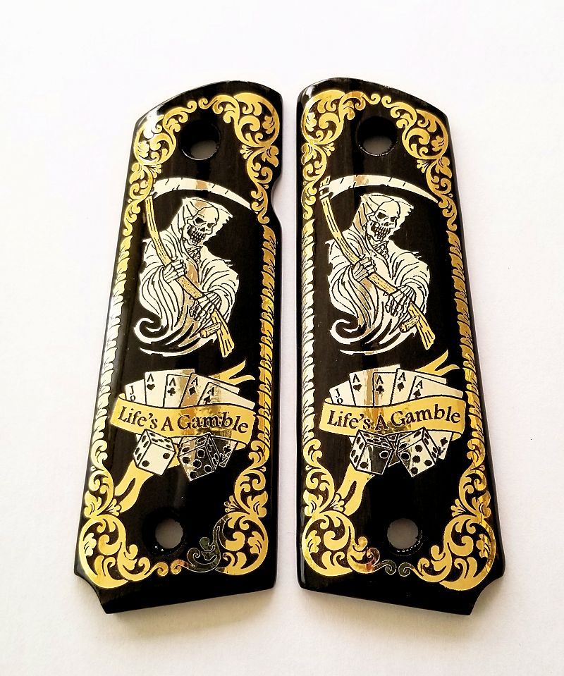 1911 full size custom engraved wood grips gold silver reaper skull cards Scroll