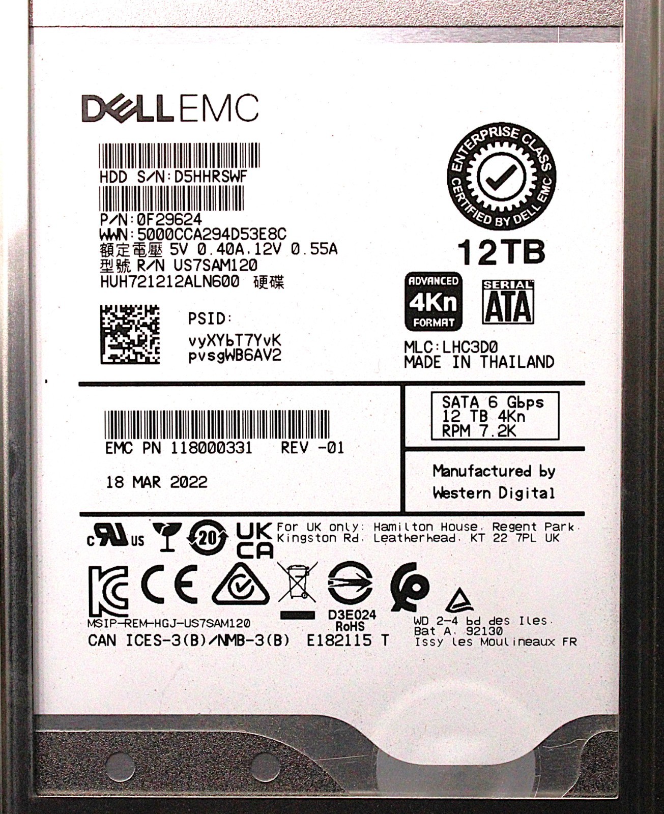 Dell EMC 0F29624 HUH721212ALN600 - 12TB 7.2K SATA 6Gb/s 3.5