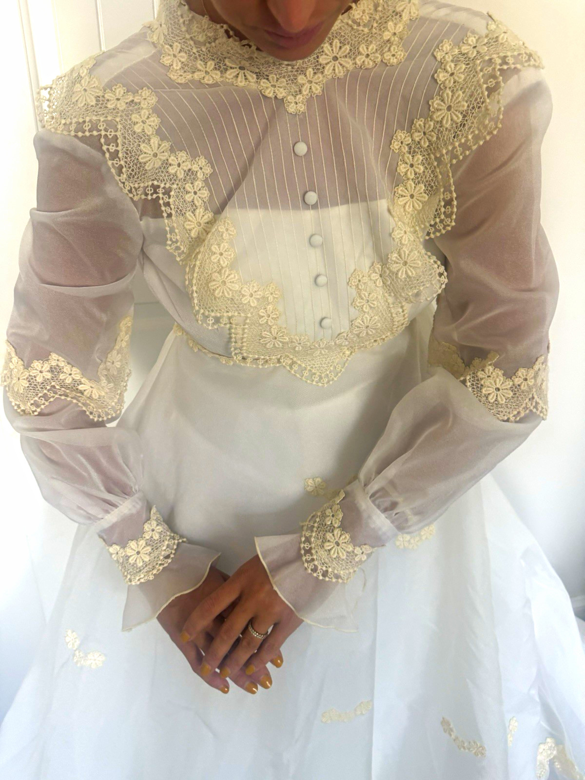 1970s Vintage Victorian Lace High Neck Long Sleeve Tulle wedding dress 1970s Vintage Victorian Lace High Neck Long Sleeve Tulle wedding dress