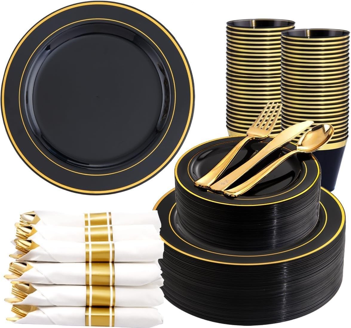 350 Pieces Black and Gold Plastic Plates with Disposable 350, - Modern 350 Pieces Black and Gold Plastic Plates with Disposable 350, - Modern