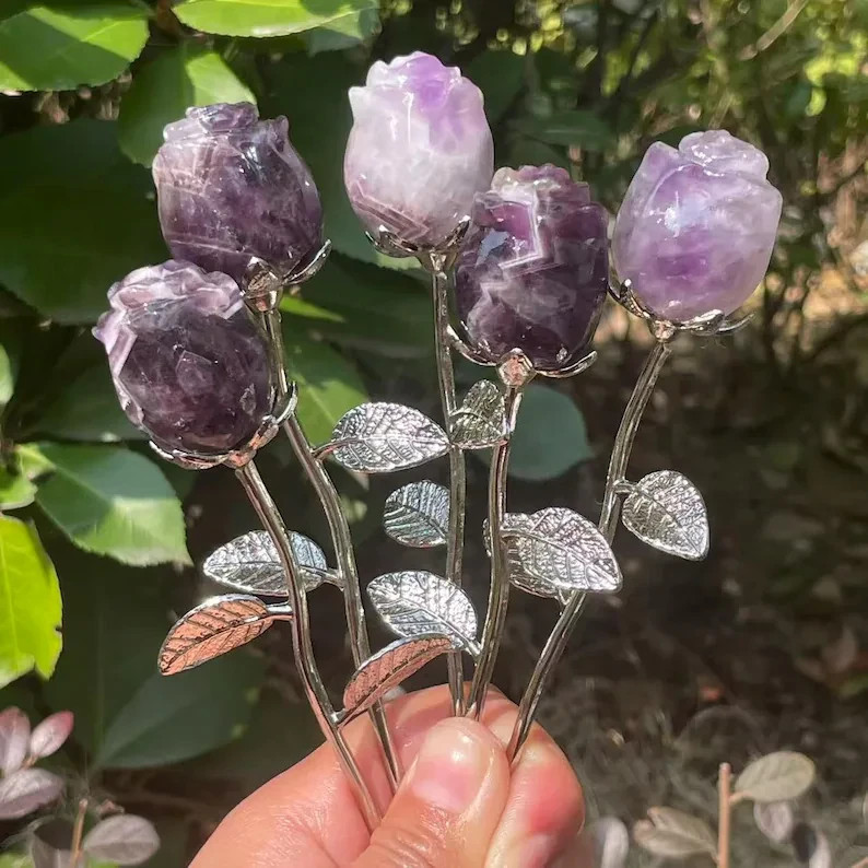 5PCS Genuine Hand Carved Amethyst Crystal Purple Flower Healing Reiki Home Decor
