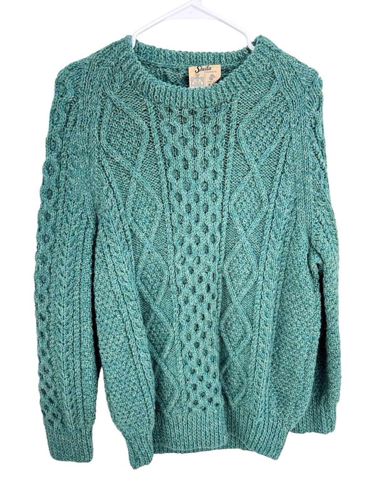 Sheila Handknits Vintage Wool Cable Knit Sweater Womens Medium Green Ireland Sheila Handknits Vintage Wool Cable Knit Sweater Womens Medium Green Ireland