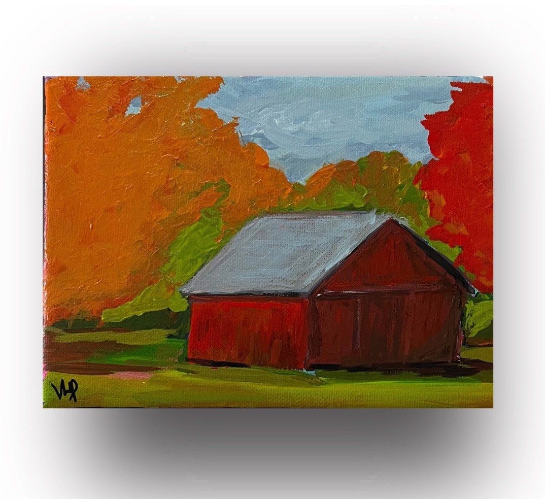 Small 5x7” Autumn Landscape Rustic Red Barn VLP Hand Painted Acrylic Canvas