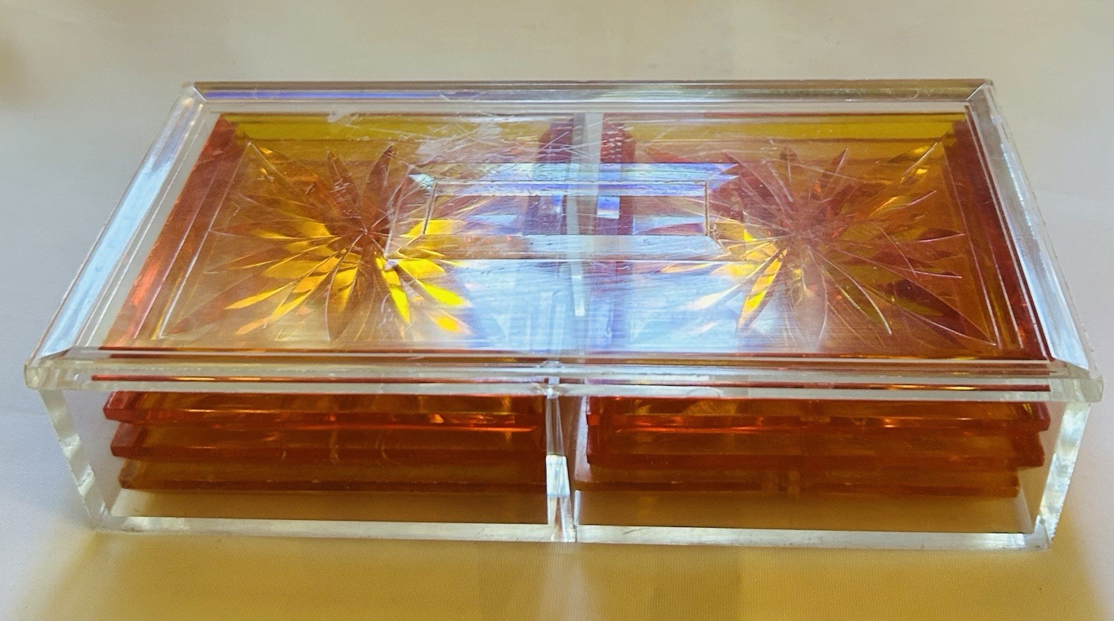 8 Acrylic Lucite Dek-O-Coasters Orange Starburst Mid Century MCM Vintage 60s 70s 8 Acrylic Lucite Dek-O-Coasters Orange Starburst Mid Century MCM Vintage 60s 70s