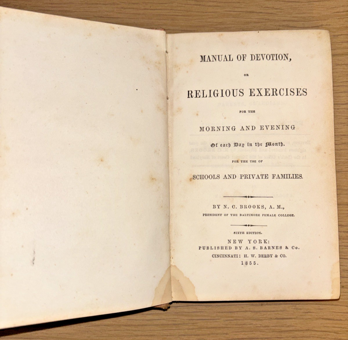 Antique 1855 Book: Manual of Devotion, or Religious Exercises for the Morning...