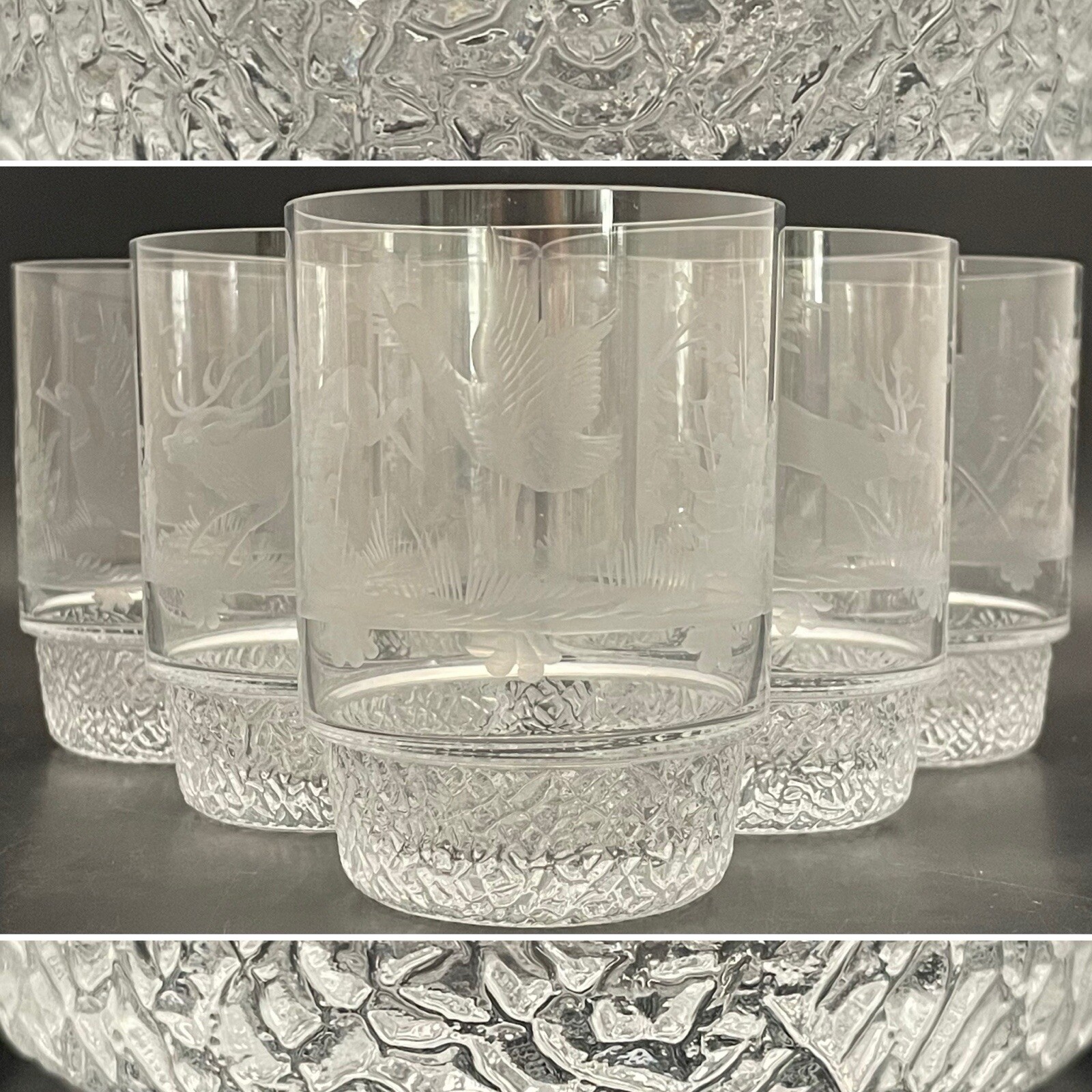 Wildlife Geese & Deer Etched Crystal Lowball Tumblers 6pc Set c1980s Germany 4\