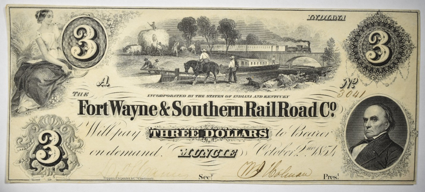 1854 $3 FORT WAYNE & SOUTHERN RAIL ROAD MUNCIE INDIANA OBSOLETE AU/UNC SN#3041