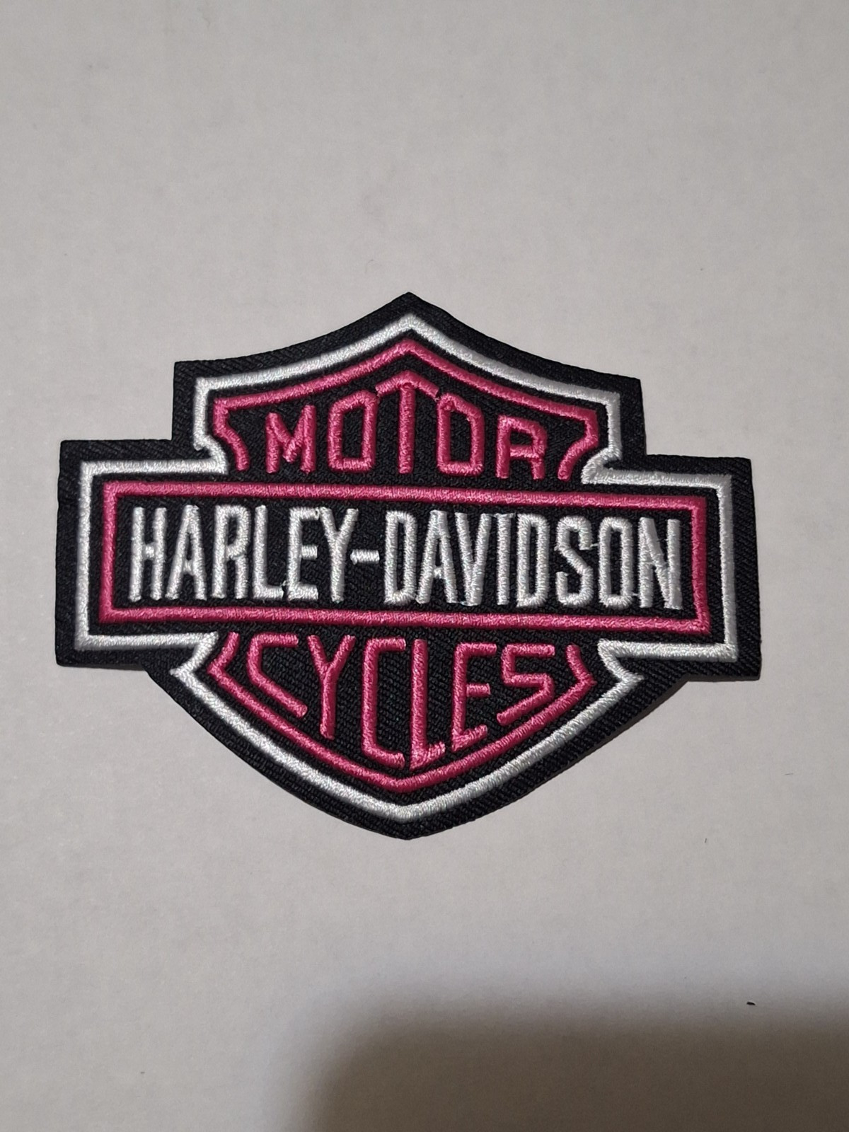 Embroidered Harley-Davidson Shield Iron On Patch Pink and White Embroidered Harley-Davidson Shield Iron On Patch Pink and White