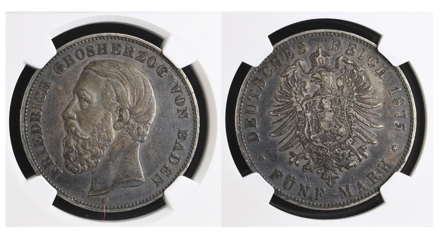 1875 German States BADEN 5 Mark INVERTED V for A (Authentic: NGC XF45 Certified)