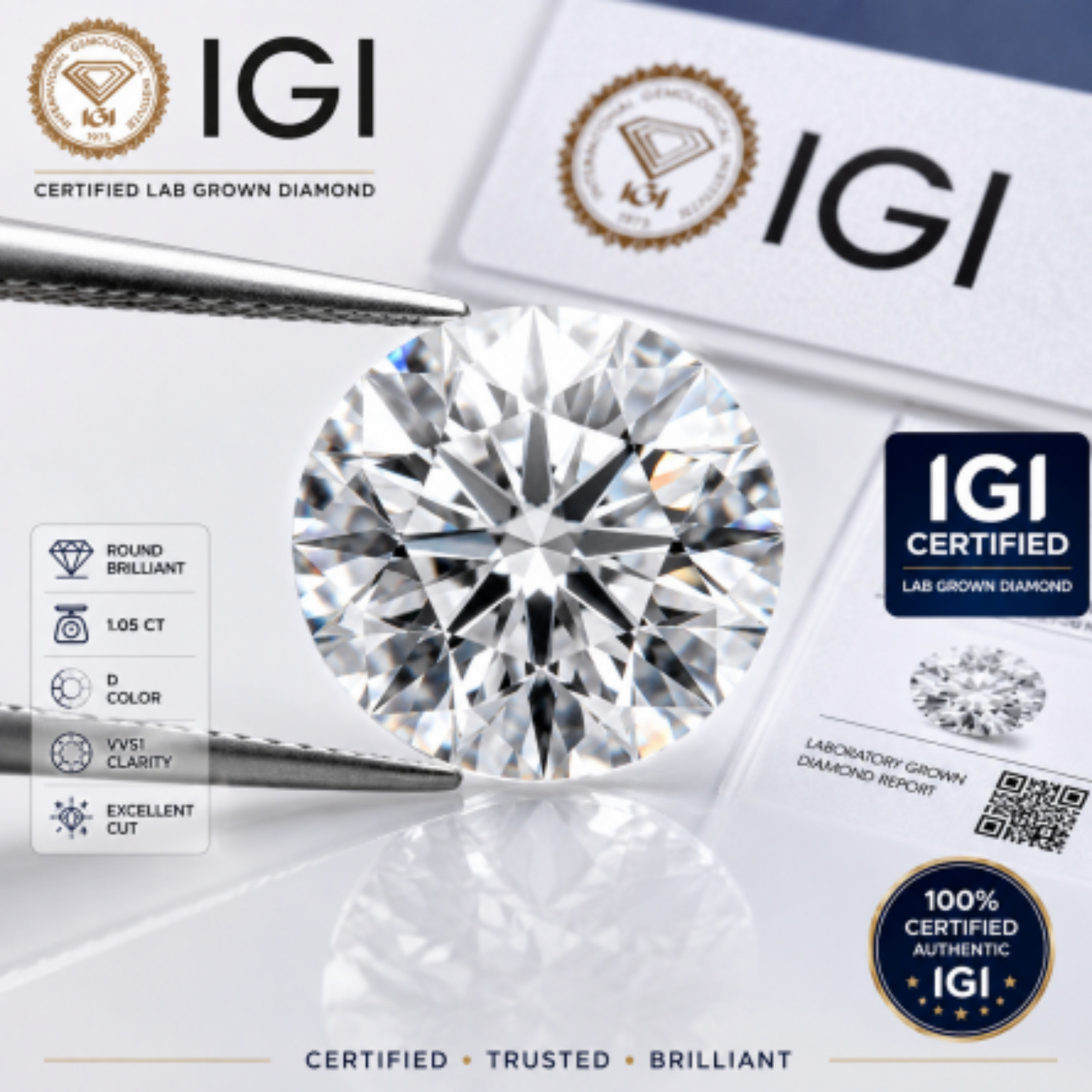2.14 Ct Round Lab Grown CVD Diamond D Color VVS1 IGI Certified 