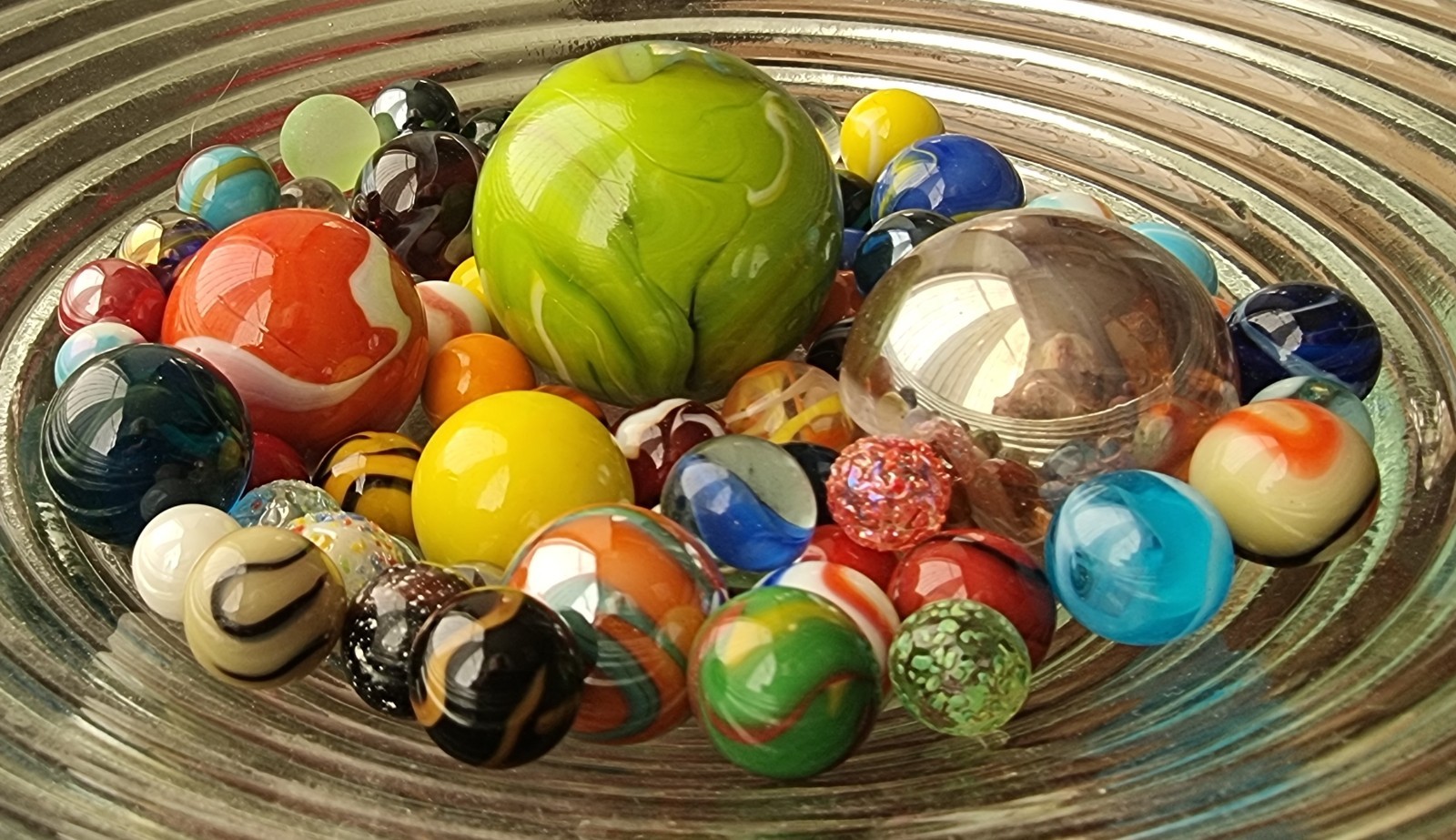 MARBLES - glass UNIQUE SET of 70+ MIXED in 8 sizes PLUS extra special/hand made