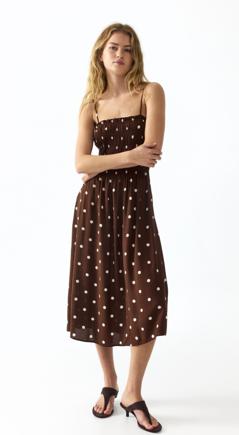 NWT H&M Size M Smocked Strappy Dress Dotted Brown Midi NWT H&M Size M Smocked Strappy Dress Dotted Brown Midi