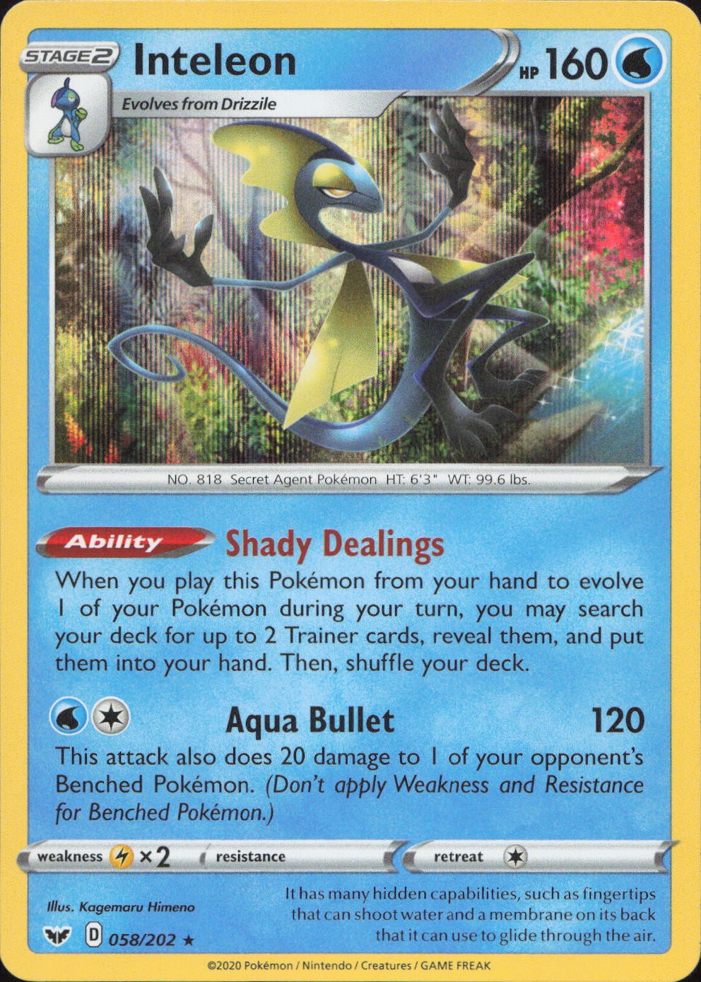 Inteleon 058/202 RARE Holo Sword & Shield Pokemon Lightly Played Inteleon 058/202 RARE Holo Sword & Shield Pokemon Lightly Played