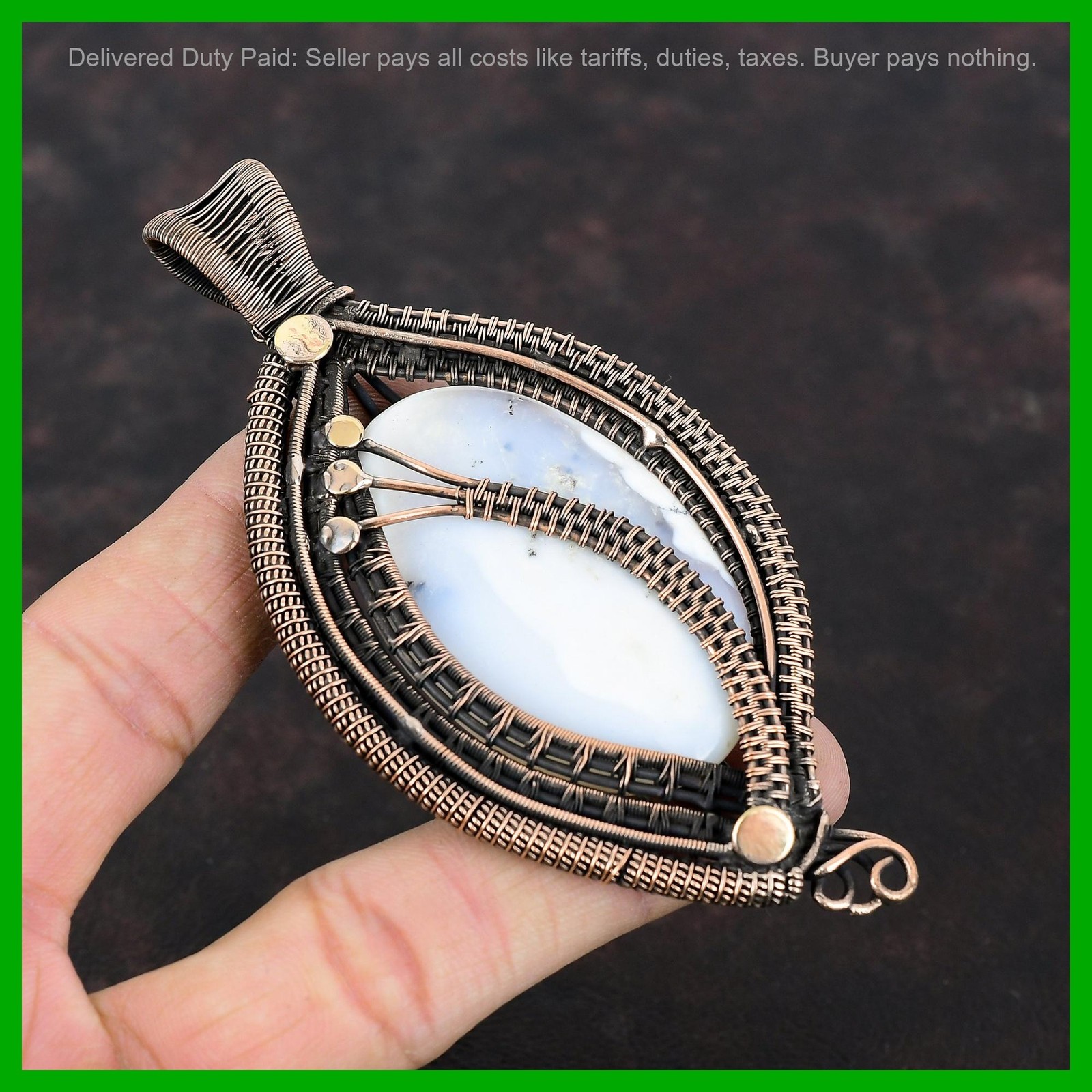 Copper Oval Natural Dendrite Opal Unique Wire Wrapped Wife Boho Birthday Pendant