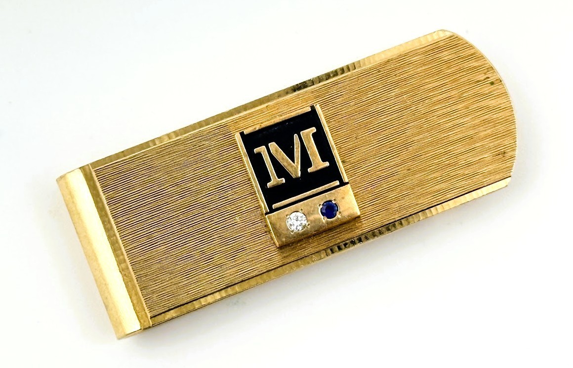Vtg Jostens Money Clip Monogram Gold Tone Letter M White Blue Stone Mens Gift