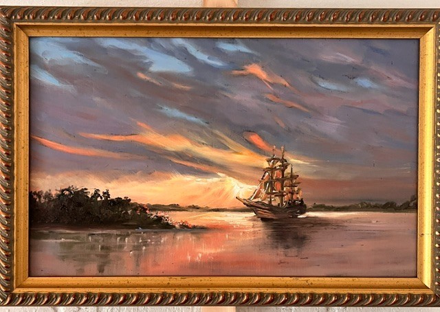 Sophie Dare Original Art 10x16 Oil painting  Galleon at Dawn with Gold Frame