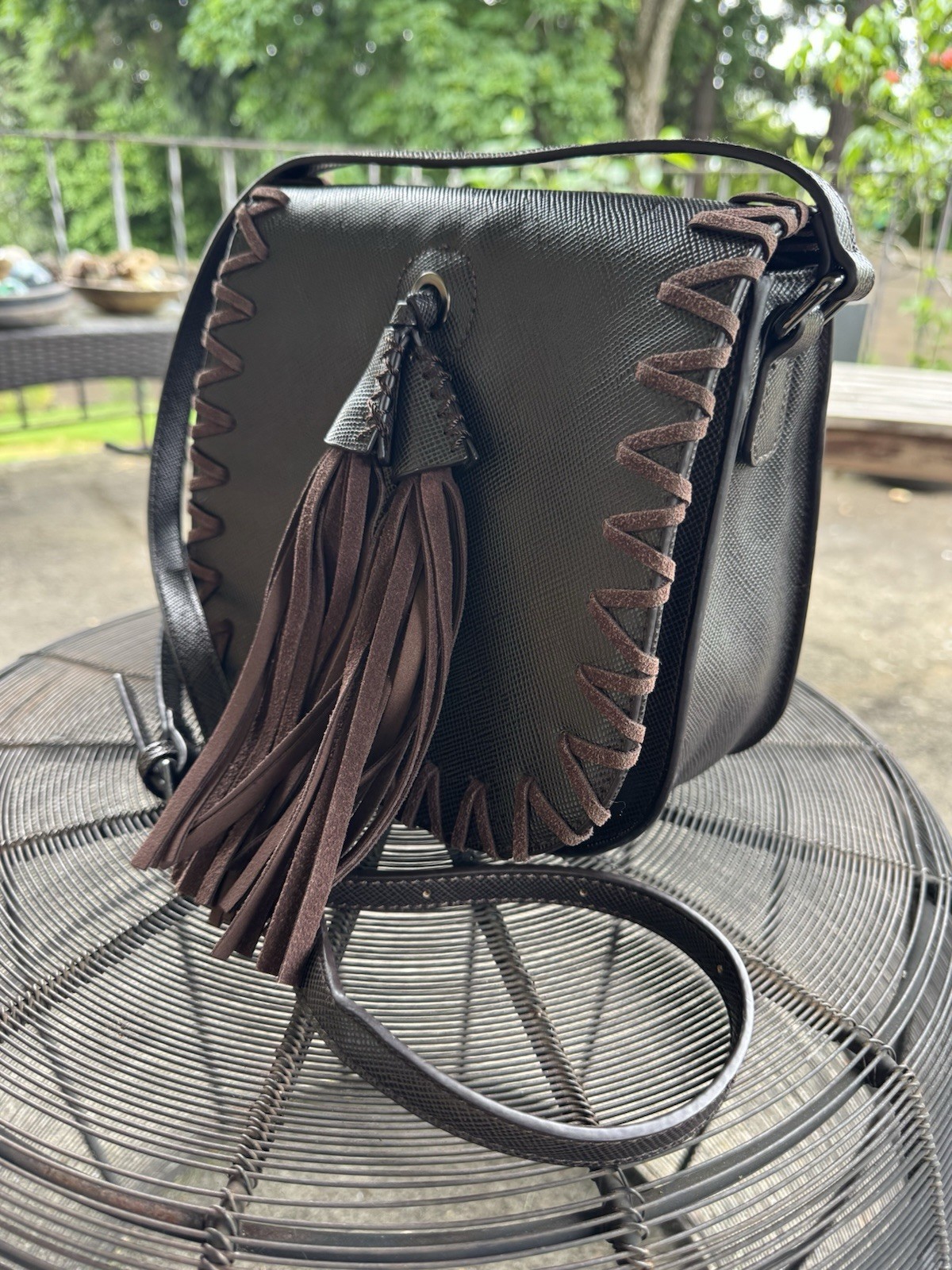 Gussaci Vintage Brown Saffiano Leather Suede Saddle Crossbody Bag Tassel Italy